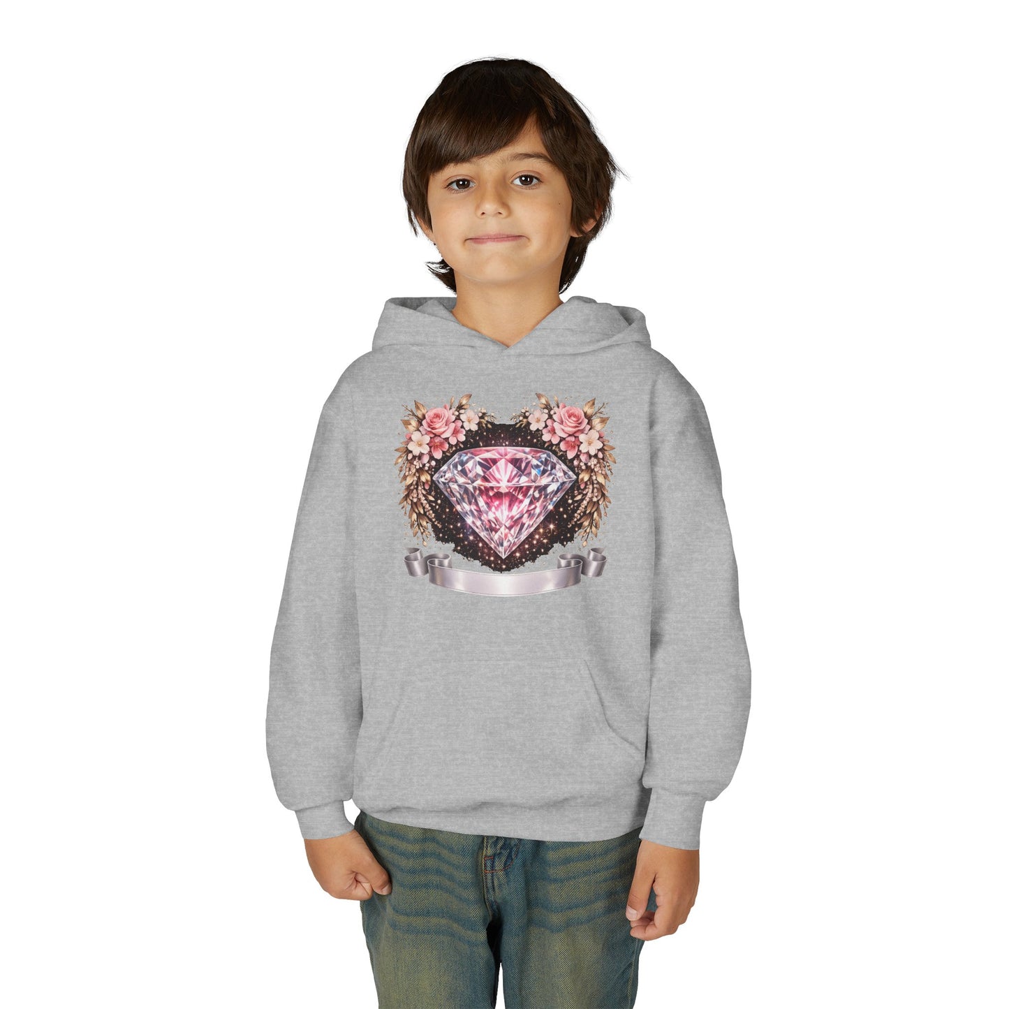 Youth Diamond Floral Hoodie — Pink Gem Crest Sweatshirt for Girls
