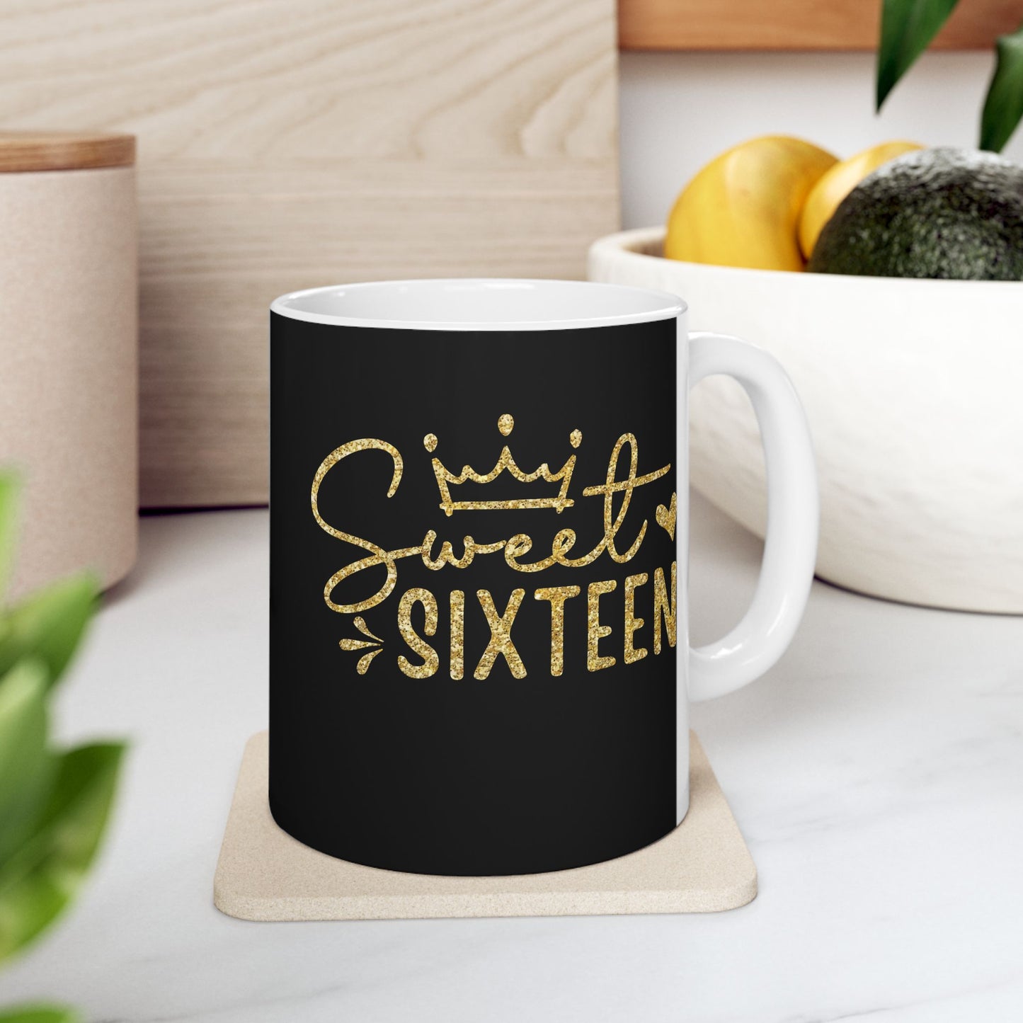 Sweet Sixteen Mug | Black and Gold Birthday Ceramic Mug