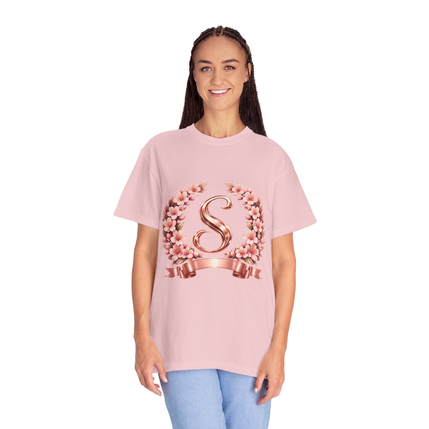 Floral Monogram 'S' T-Shirt — Rose Gold Wreath Tee