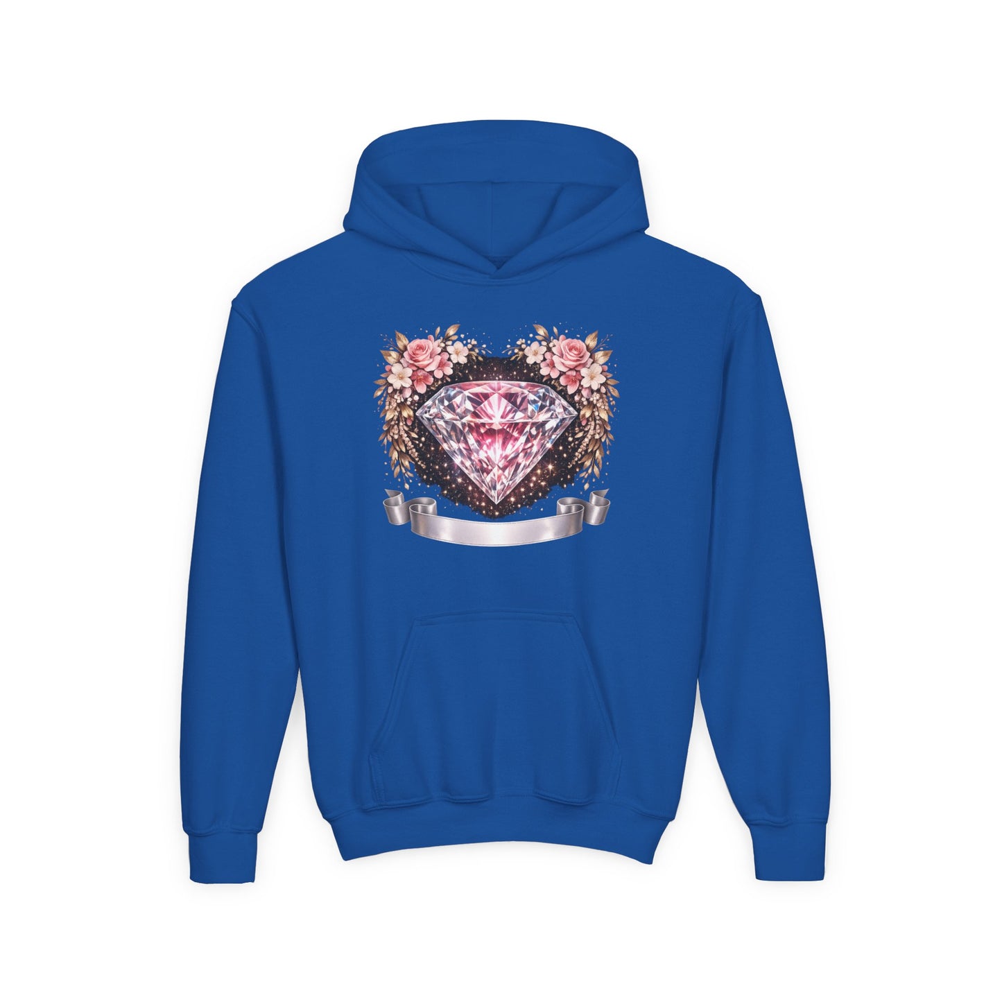 Youth Diamond Floral Hoodie — Pink Gem Crest Sweatshirt for Girls