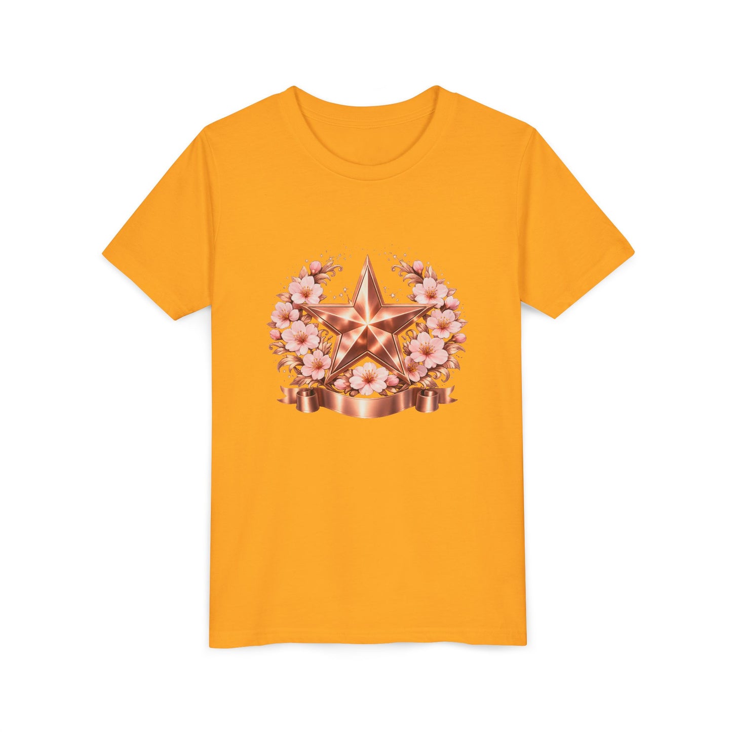 Youth Tee — Rose Gold Star with Cherry Blossom Wreath