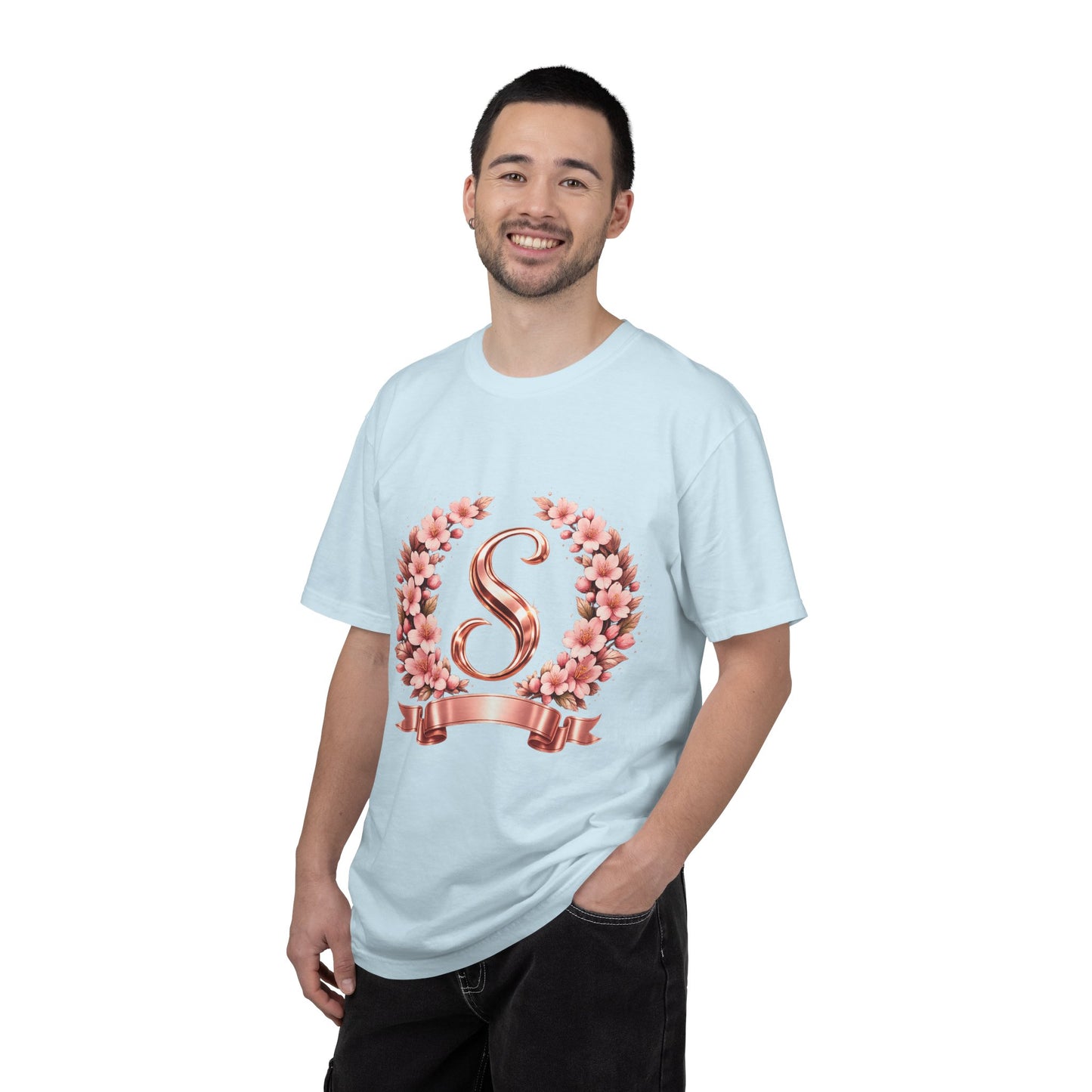Floral Monogram 'S' T-Shirt — Rose Gold Wreath Tee