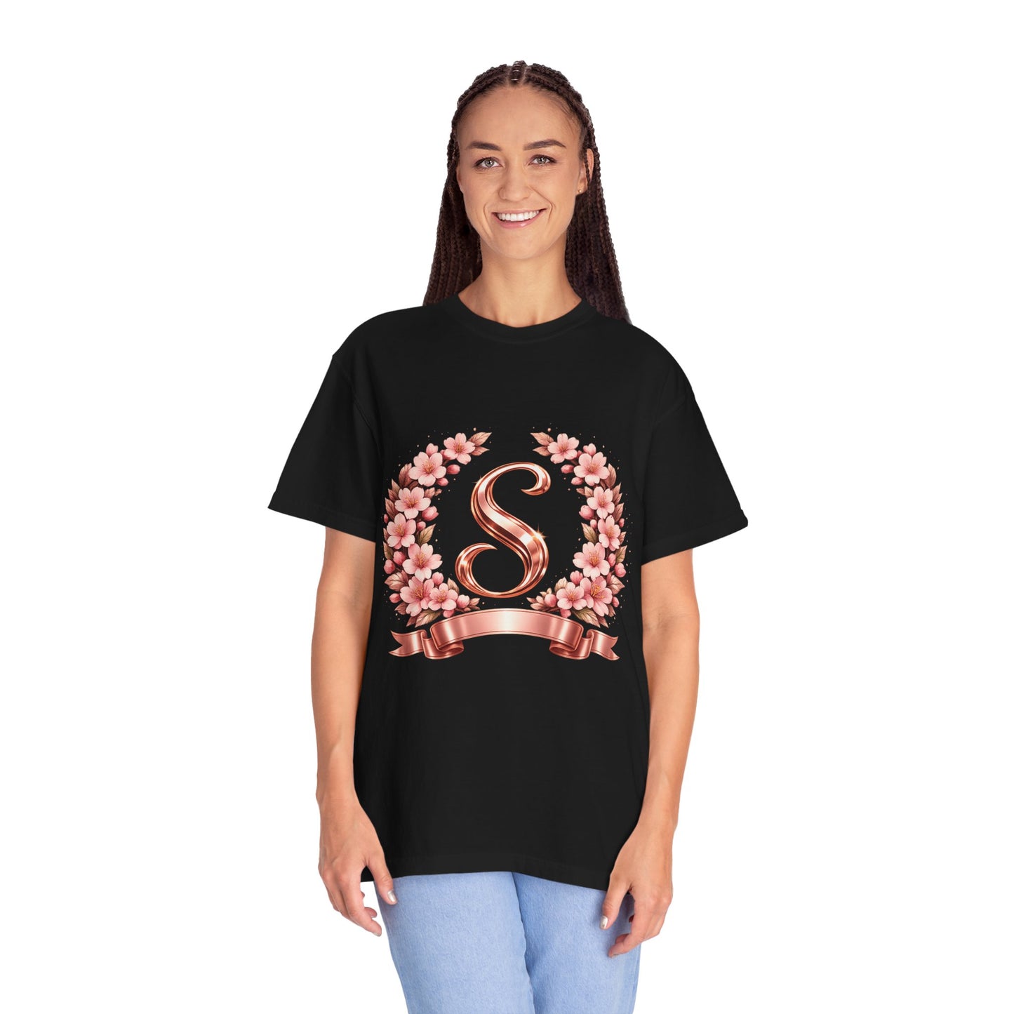 Floral Monogram 'S' T-Shirt — Rose Gold Wreath Tee