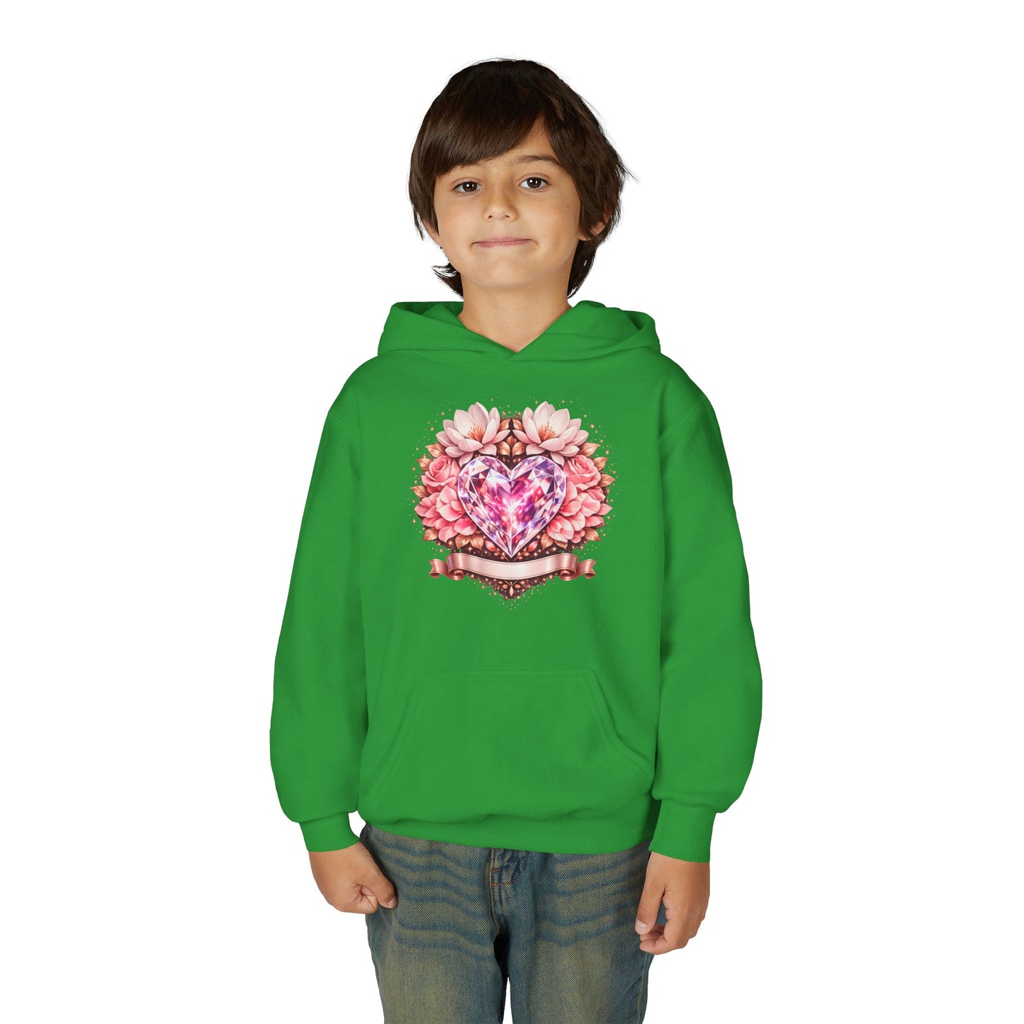 Youth Heart Gem Hoodie — Pink Floral Heart Graphic Sweatshirt