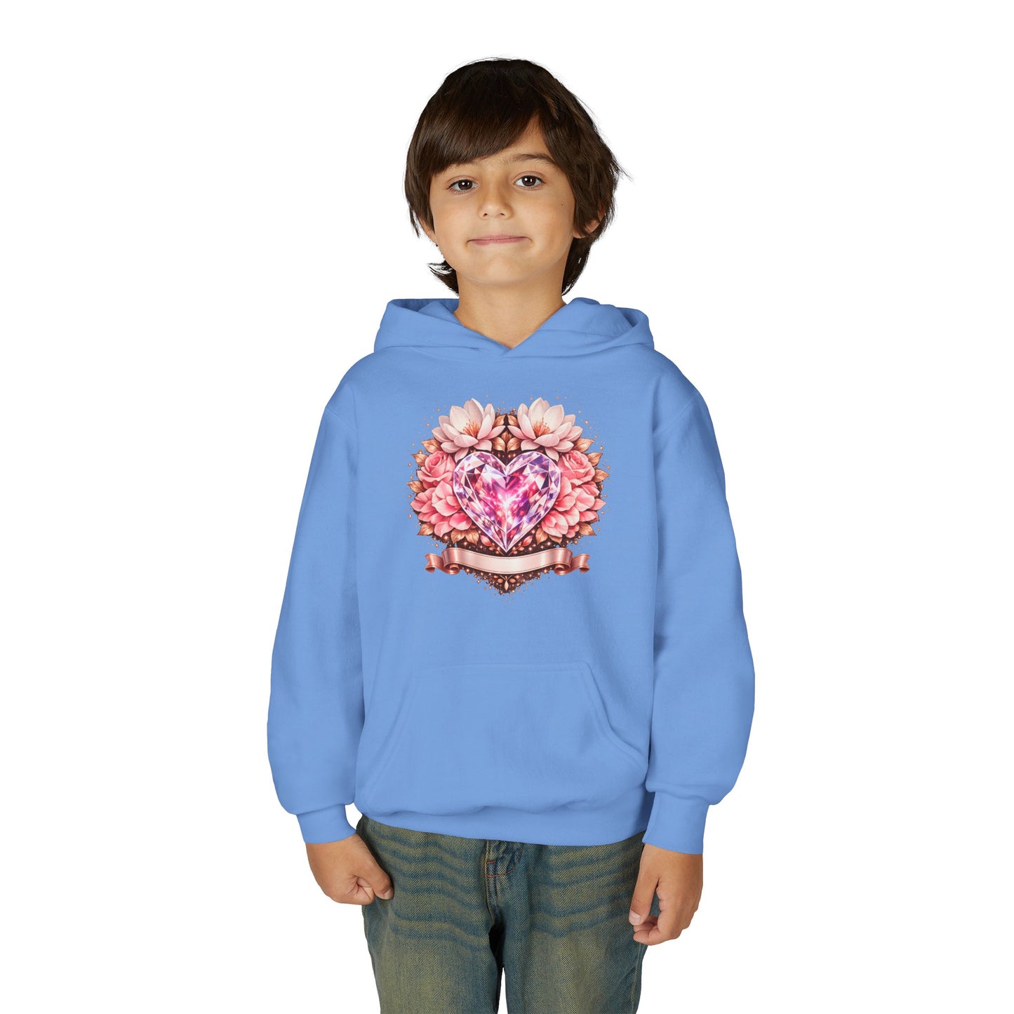 Youth Heart Gem Hoodie — Pink Floral Heart Graphic Sweatshirt