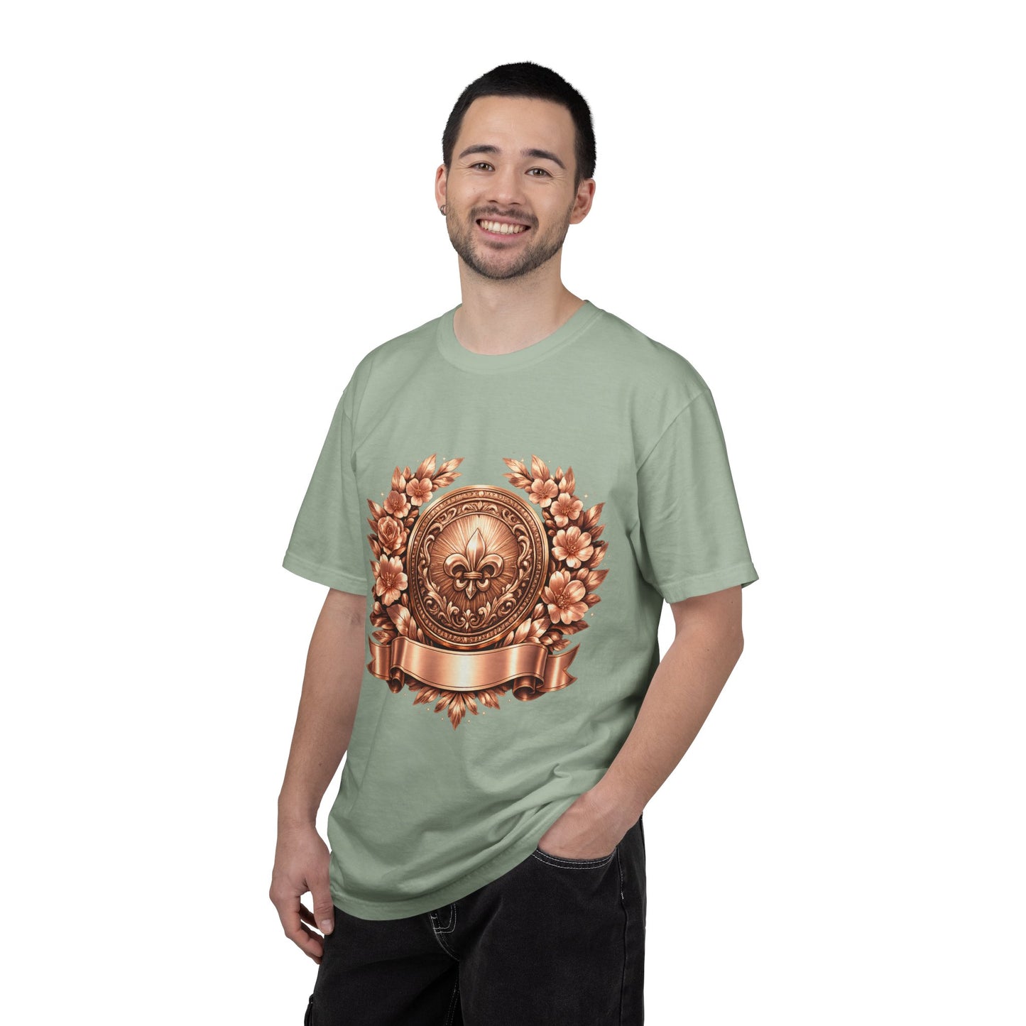 Vintage Fleur-de-Lis Crest T-Shirt — Bronze Laurel Emblem Tee