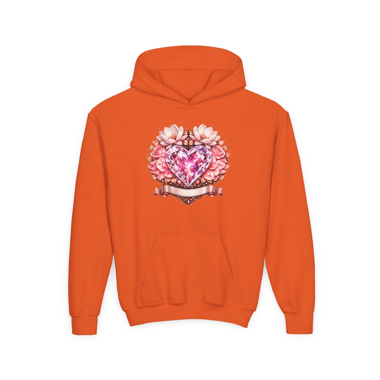Youth Heart Gem Hoodie — Pink Floral Heart Graphic Sweatshirt