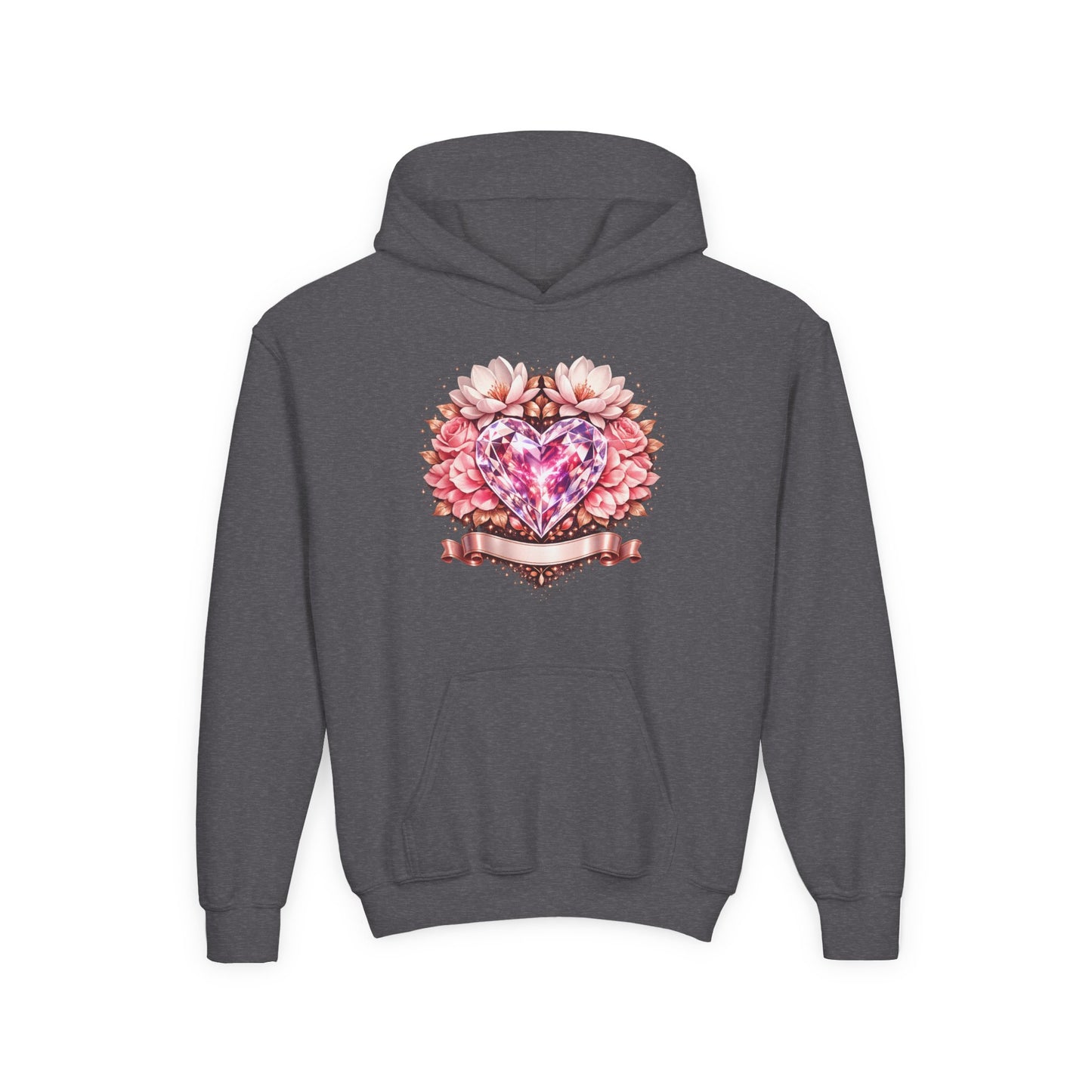 Youth Heart Gem Hoodie — Pink Floral Heart Graphic Sweatshirt