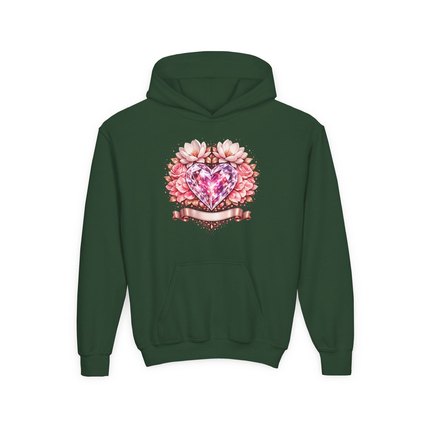 Youth Heart Gem Hoodie — Pink Floral Heart Graphic Sweatshirt