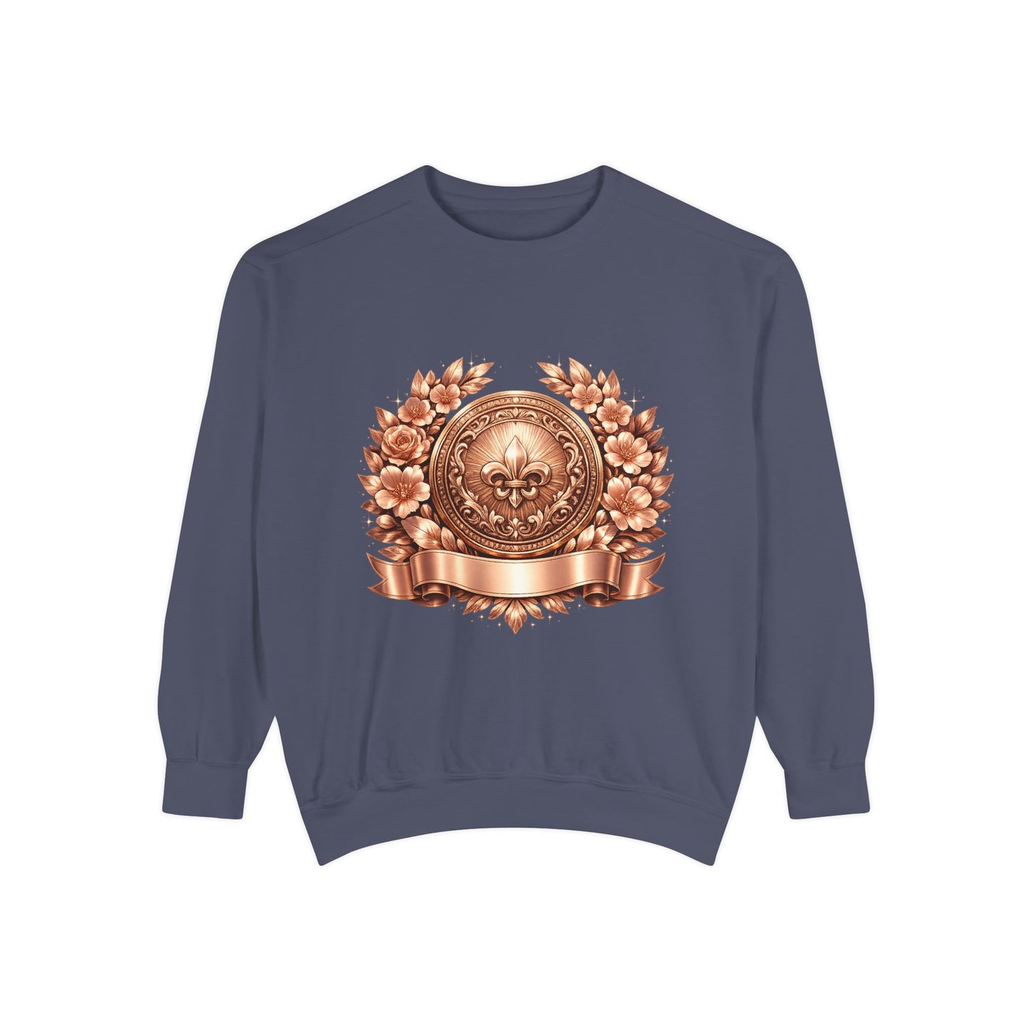 Vintage Bronze Crest Sweatshirt — Fleur-de-Lis Laurel Medallion