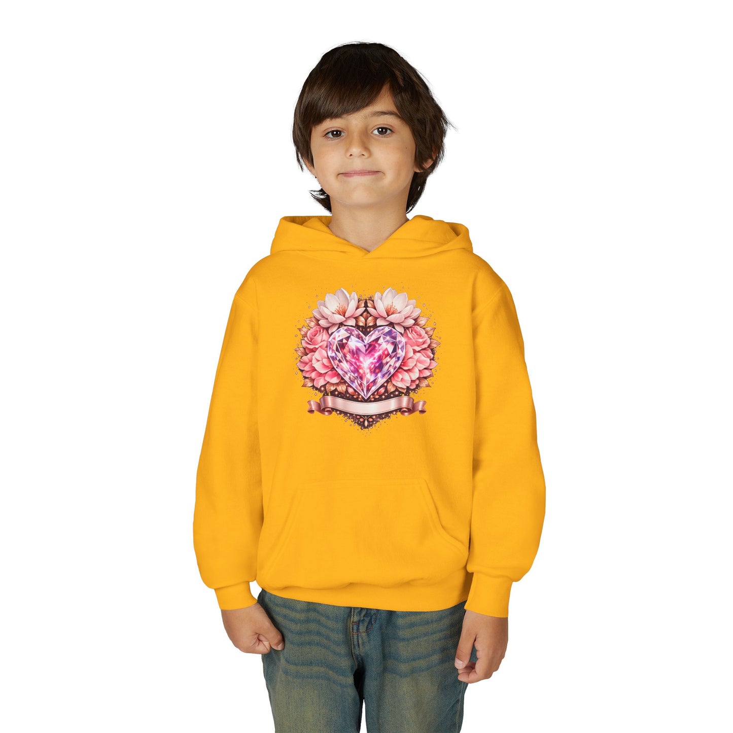 Youth Heart Gem Hoodie — Pink Floral Heart Graphic Sweatshirt