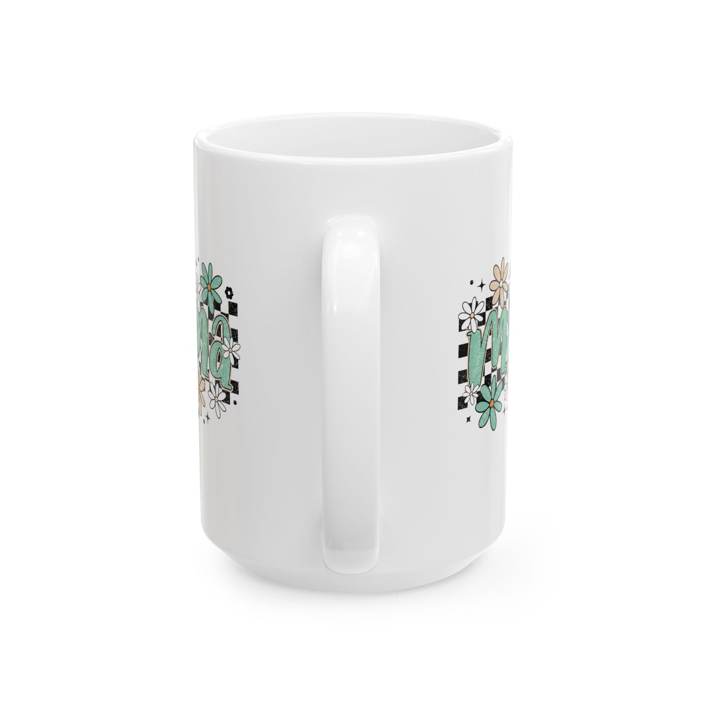 Mama floral checkerboard Mug | Mom coffee cup, teal daisy design