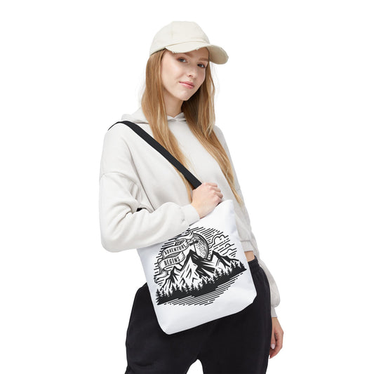 Adventure Begins mountain scene Tote Bag | nature, camping, vintage badge