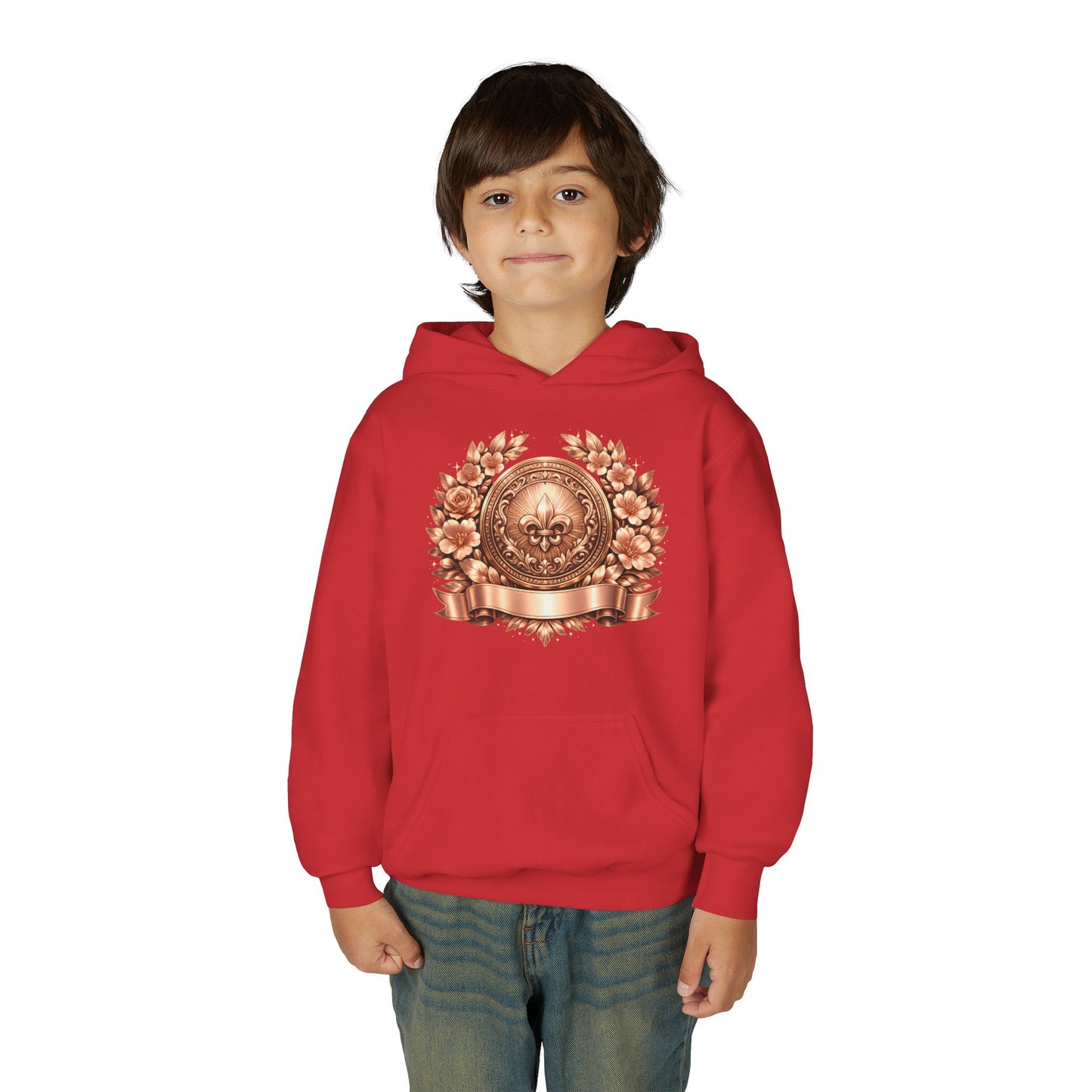 Youth Hoodie — Vintage Bronze Crest Floral Emblem