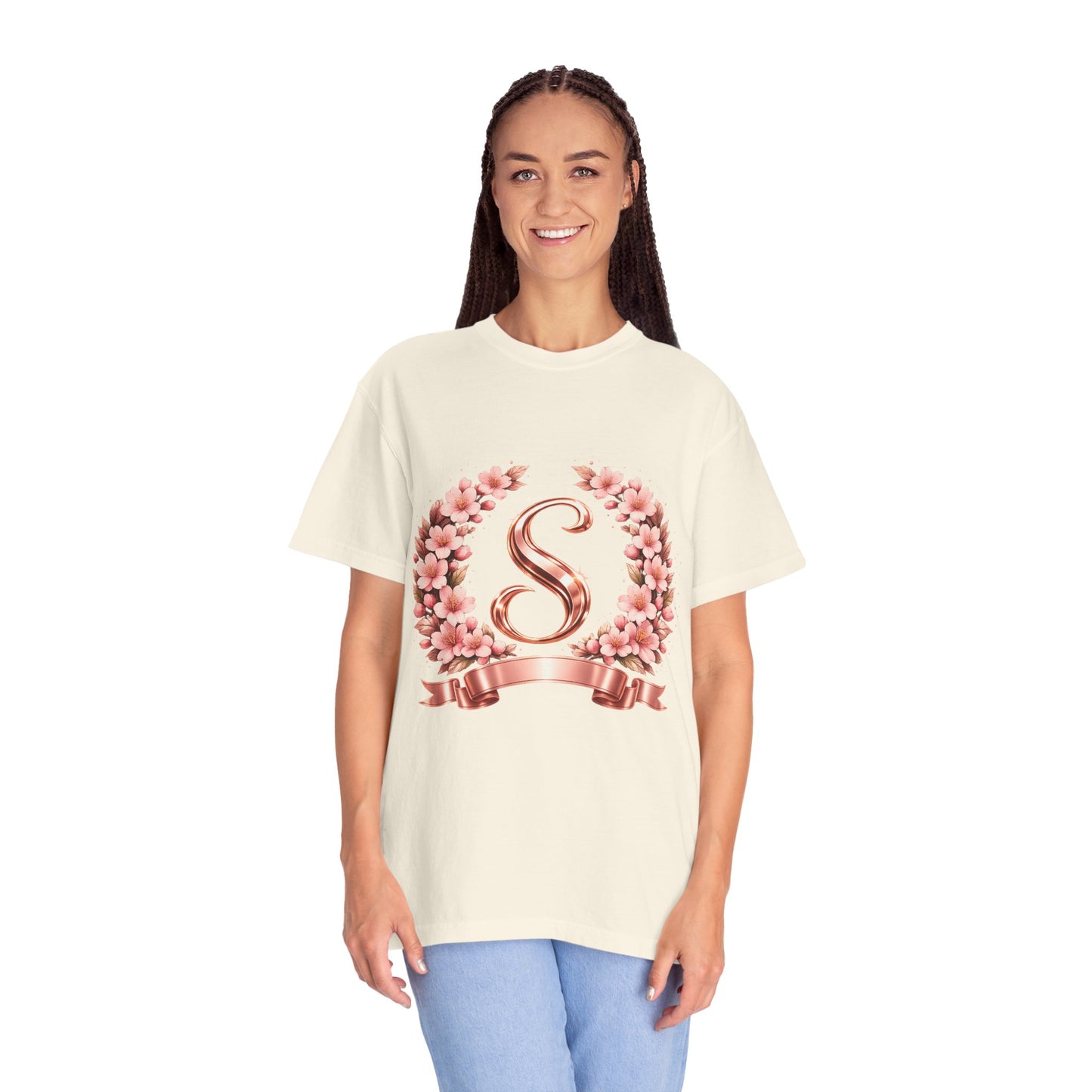 Floral Monogram 'S' T-Shirt — Rose Gold Wreath Tee