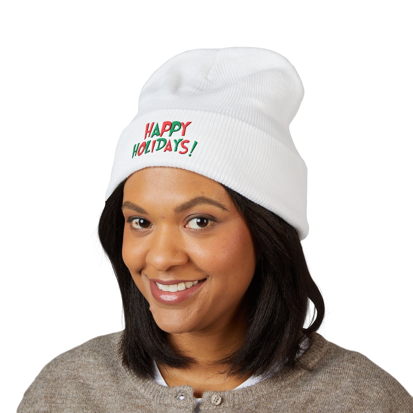 Happy Holidays embroidered beanie | cuffed knit winter hat