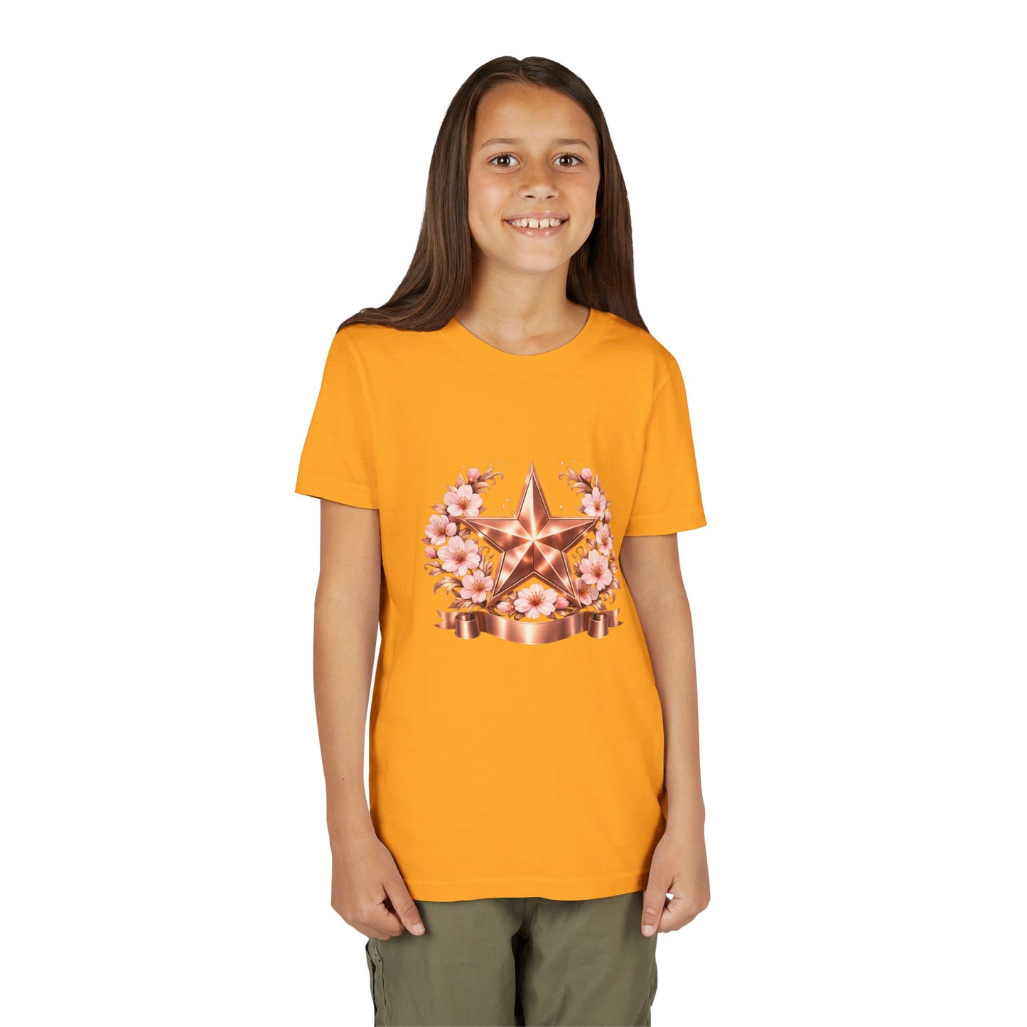 Youth Tee — Rose Gold Star with Cherry Blossom Wreath