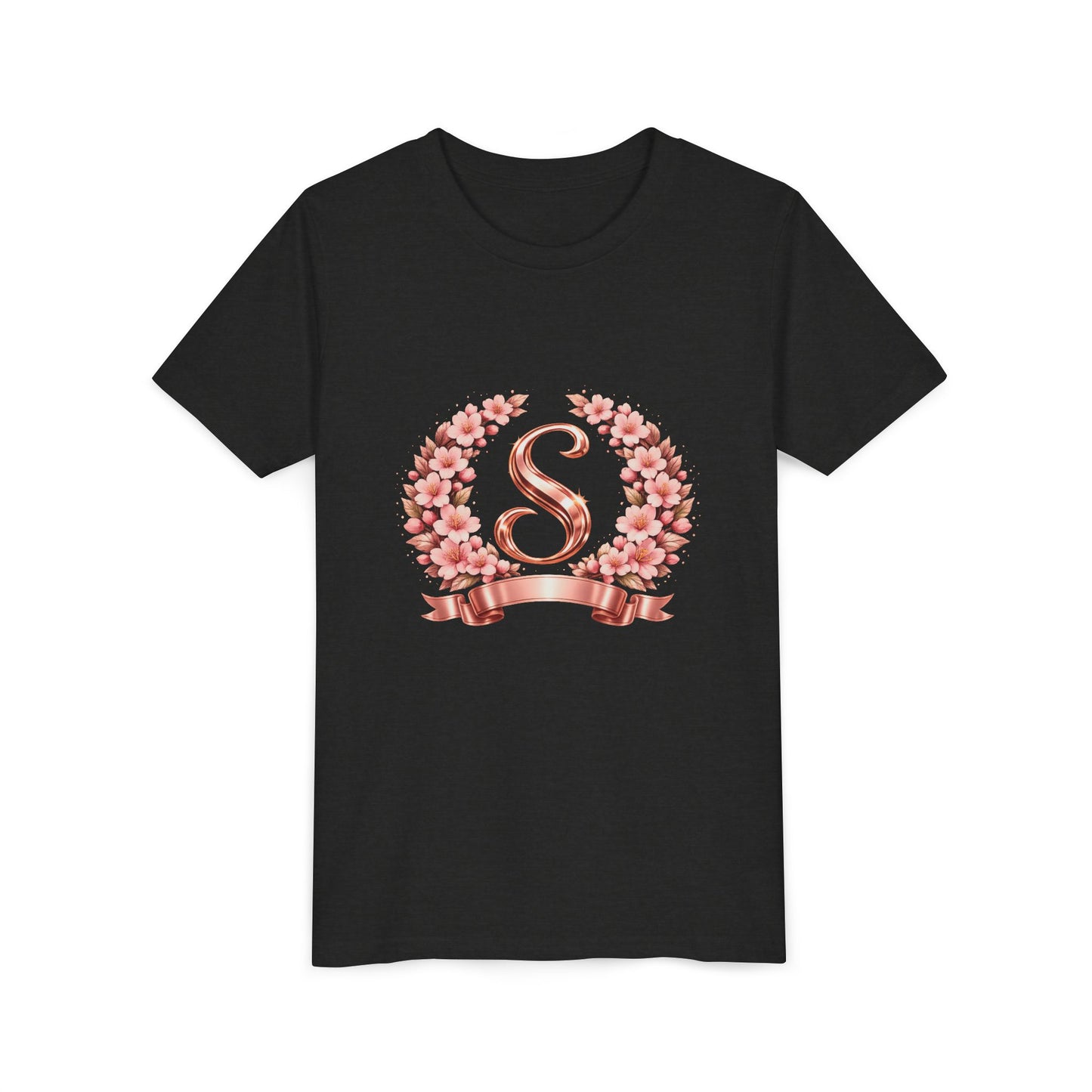 Youth Tee — Rose Gold Floral Monogram 'S' Shirt