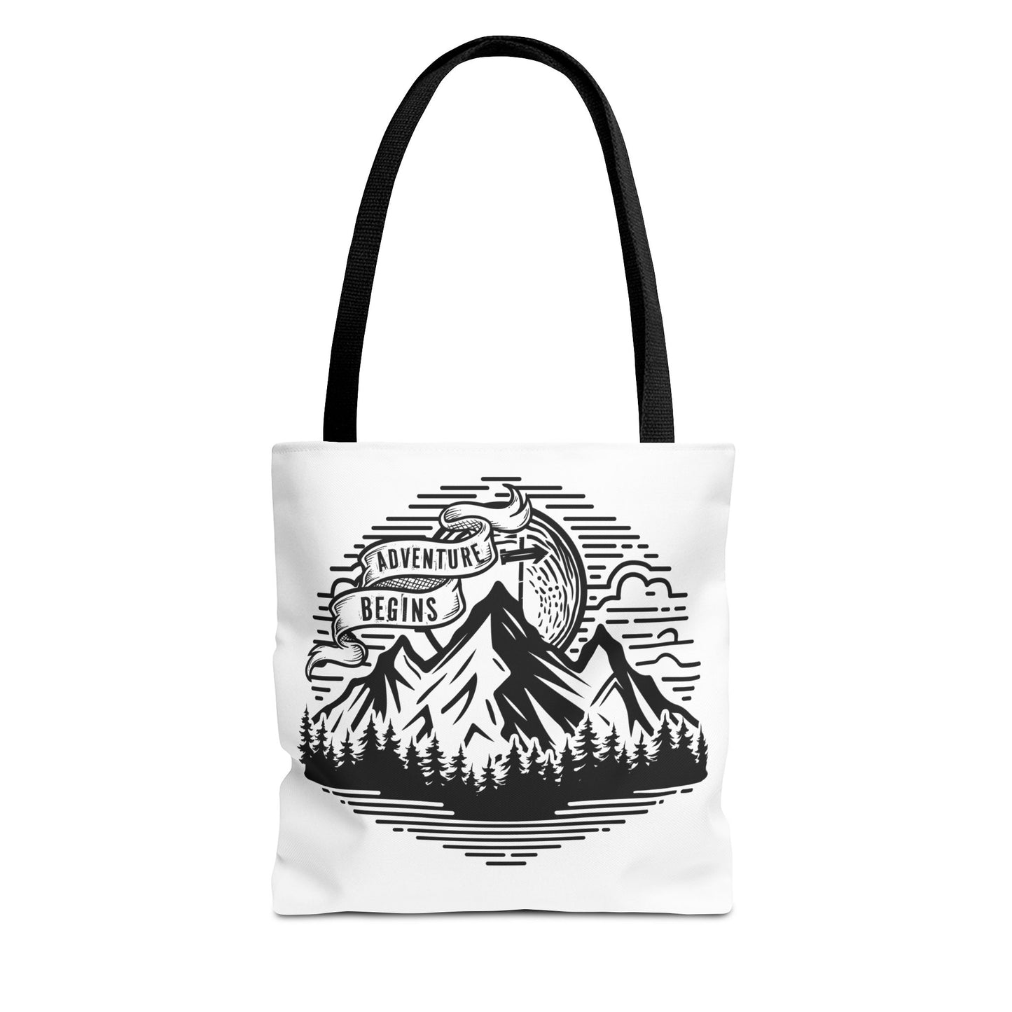 Adventure Begins mountain scene Tote Bag | nature, camping, vintage badge