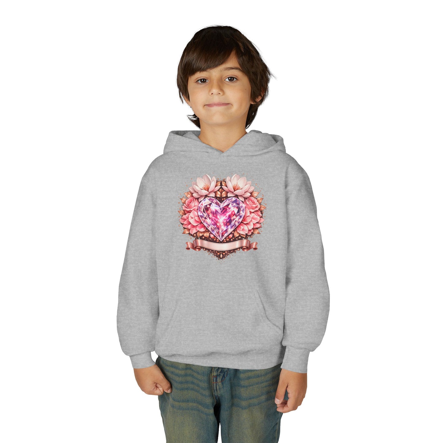 Youth Heart Gem Hoodie — Pink Floral Heart Graphic Sweatshirt