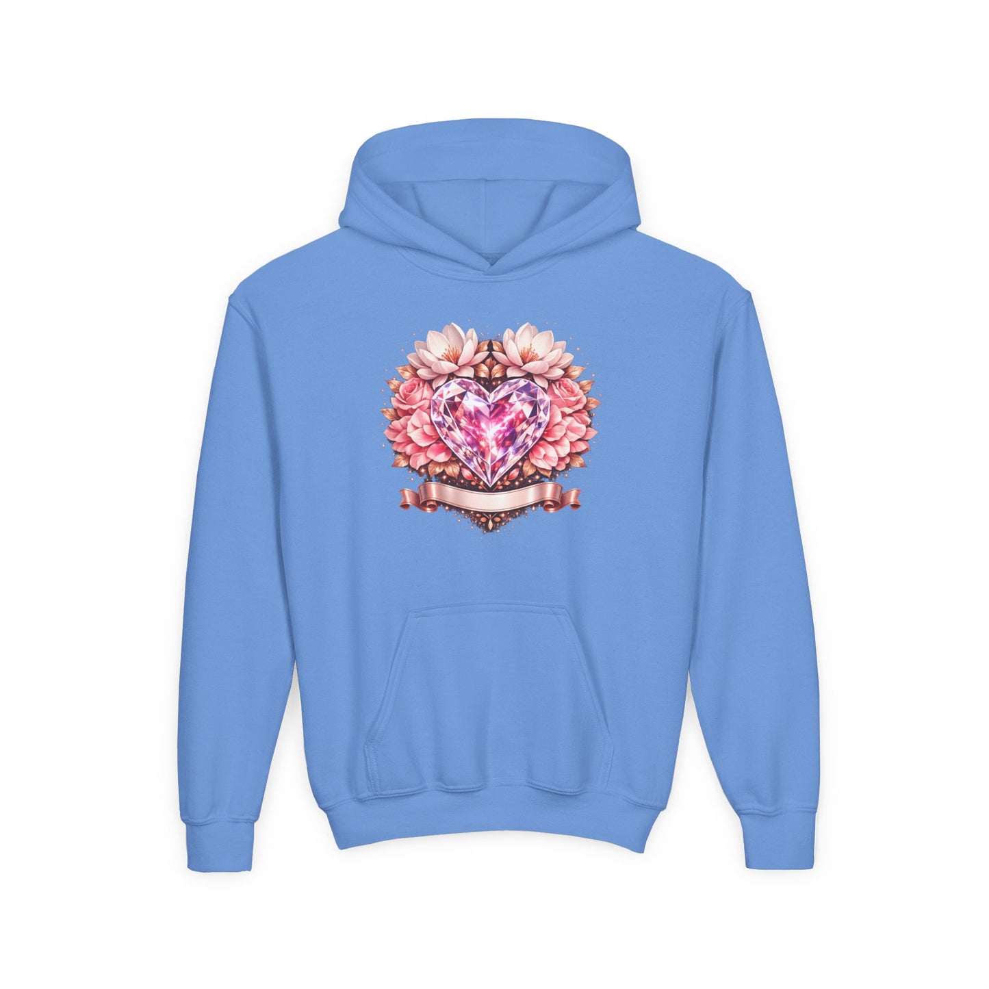Youth Heart Gem Hoodie — Pink Floral Heart Graphic Sweatshirt
