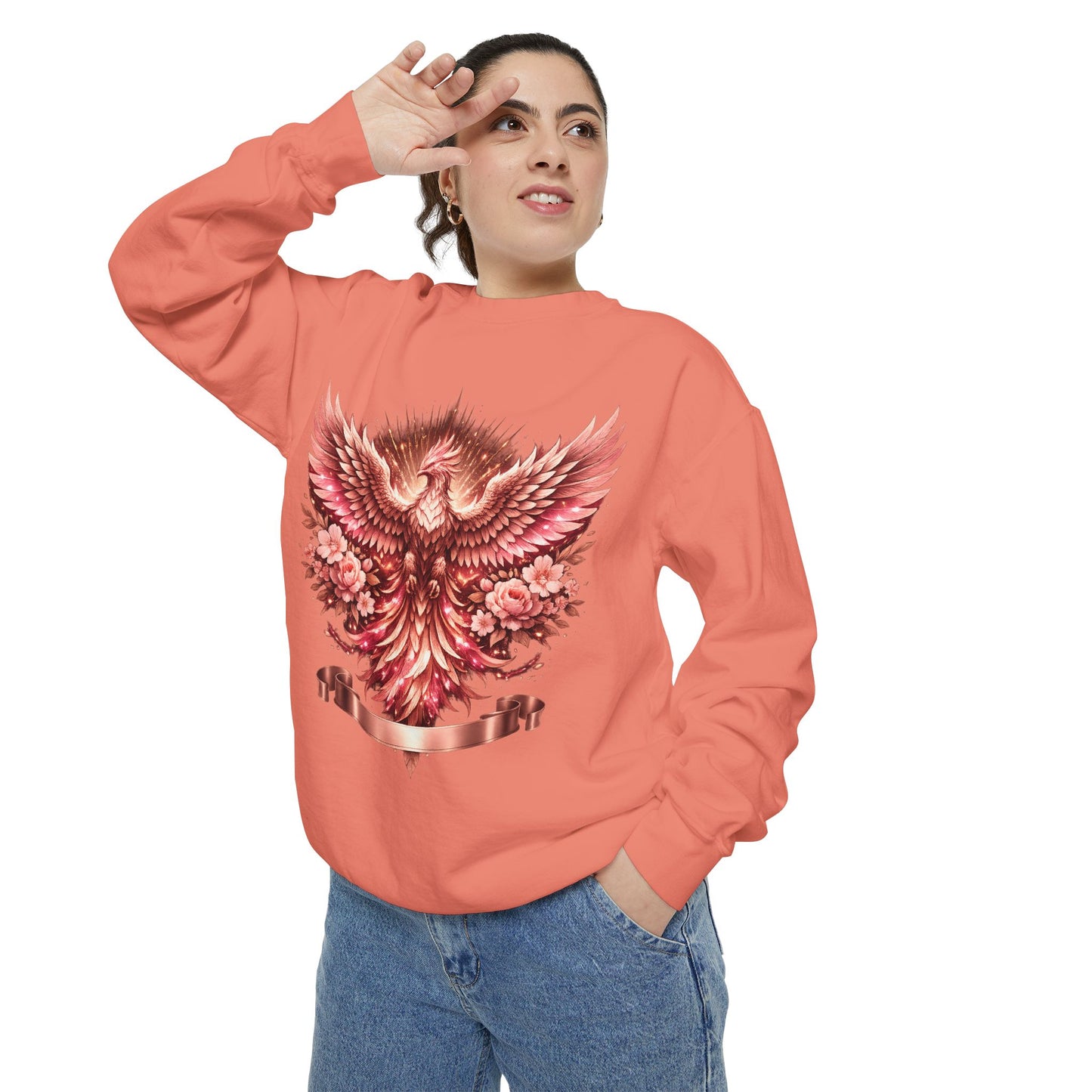 Phoenix Floral Sweatshirt — Rose Gold Rising Bird Graphic Crewneck