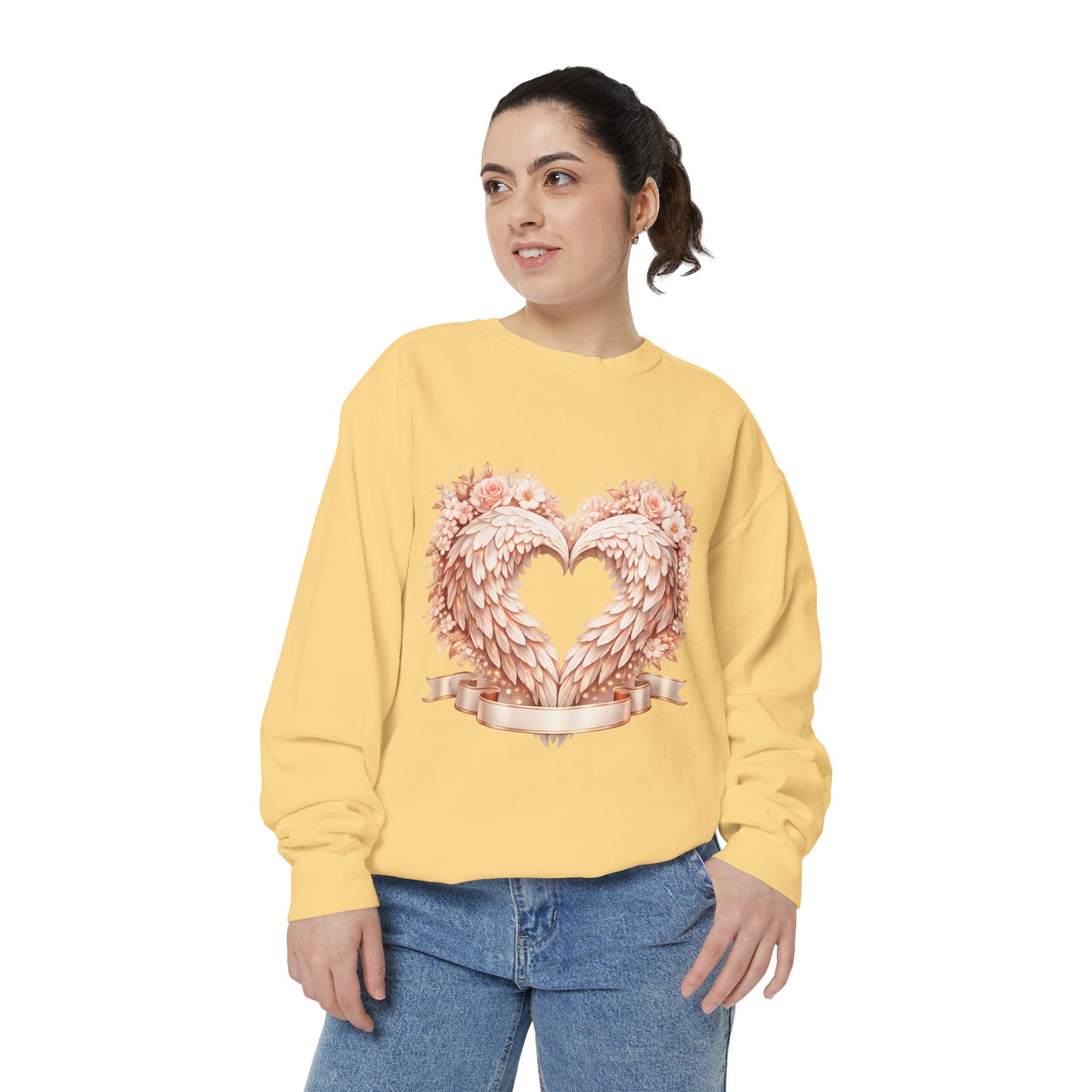 Heart Wings Sweatshirt — Rose Gold Floral Winged Heart Crewneck