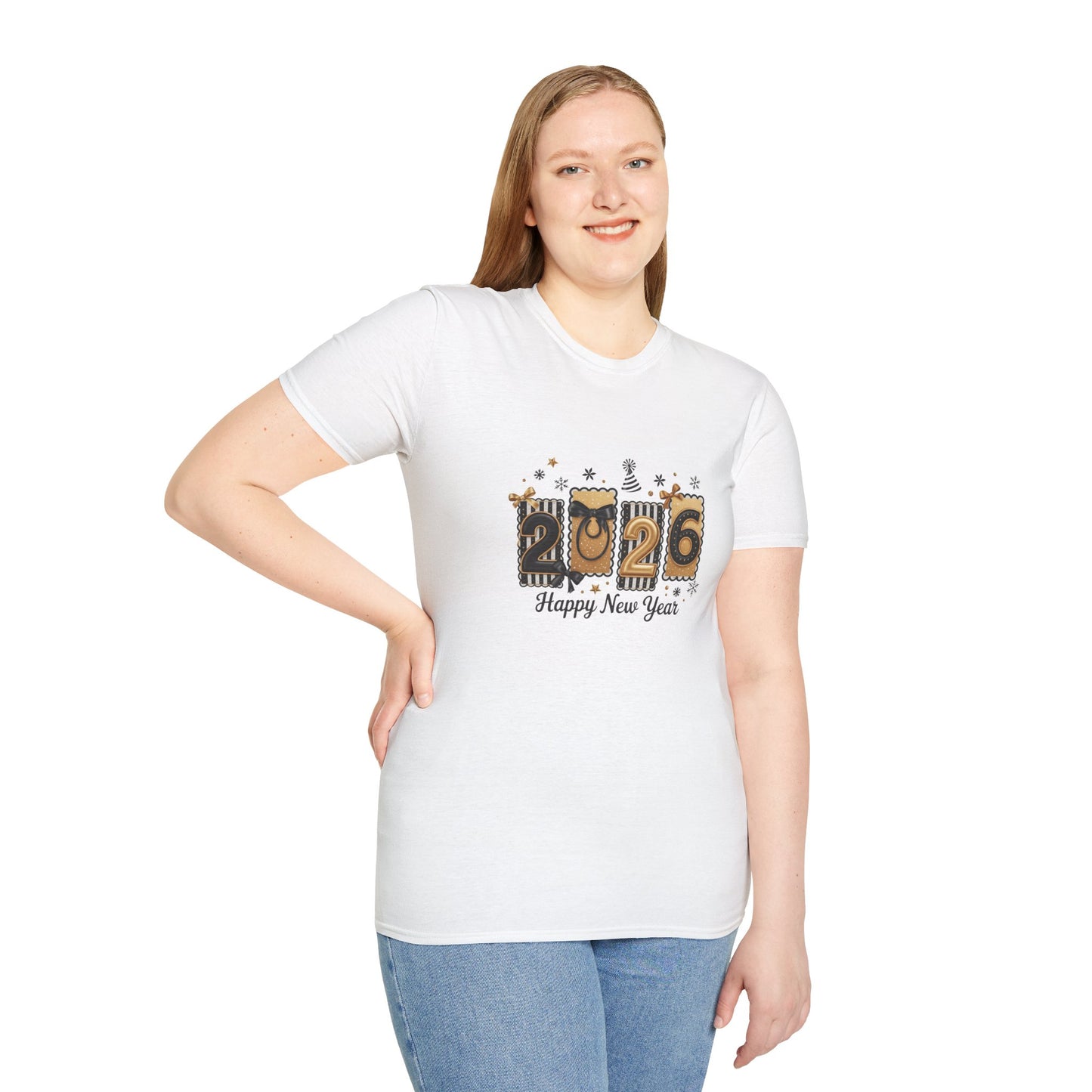 2026 Happy New Year T-Shirt — Gold Confetti Celebration Tee