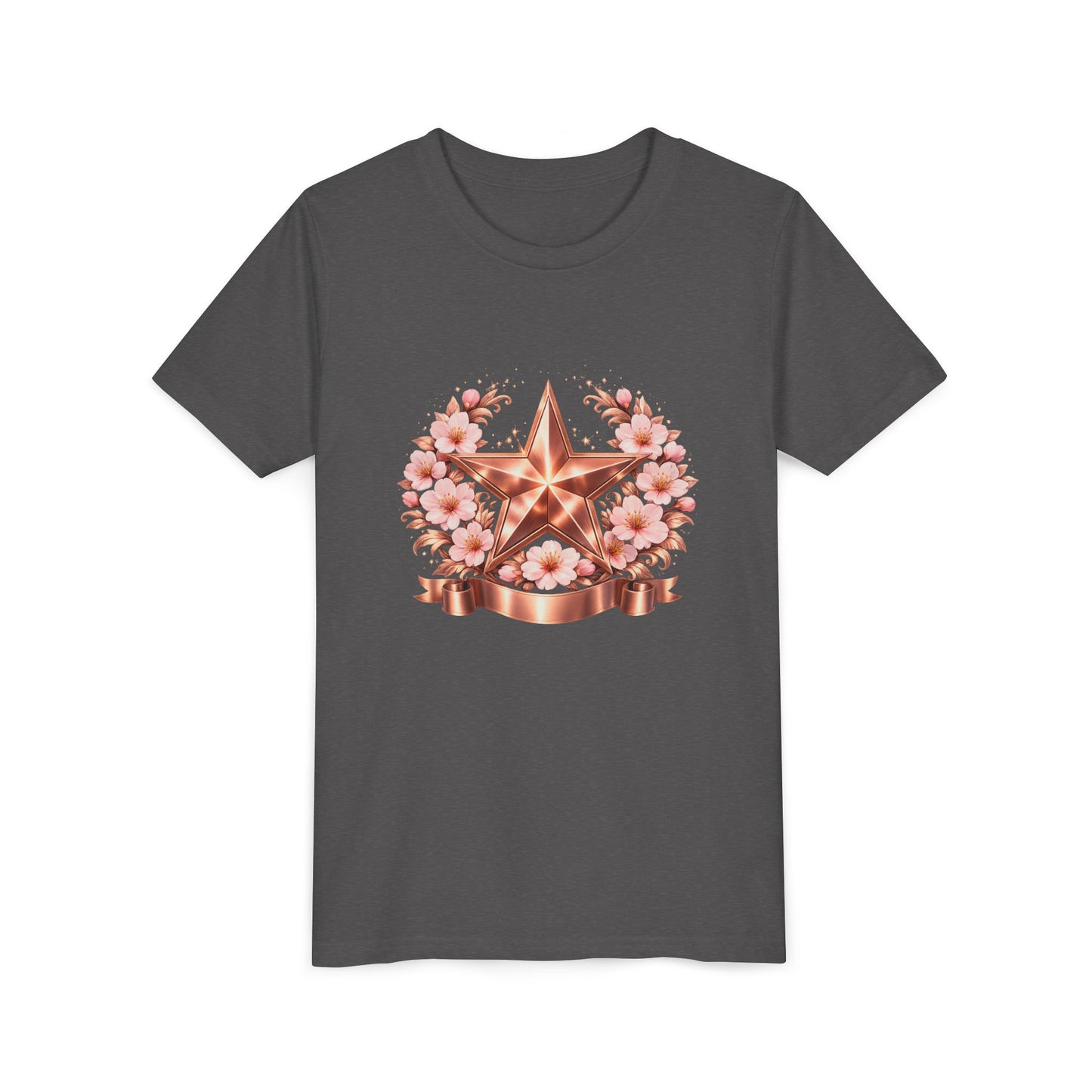 Youth Tee — Rose Gold Star with Cherry Blossom Wreath