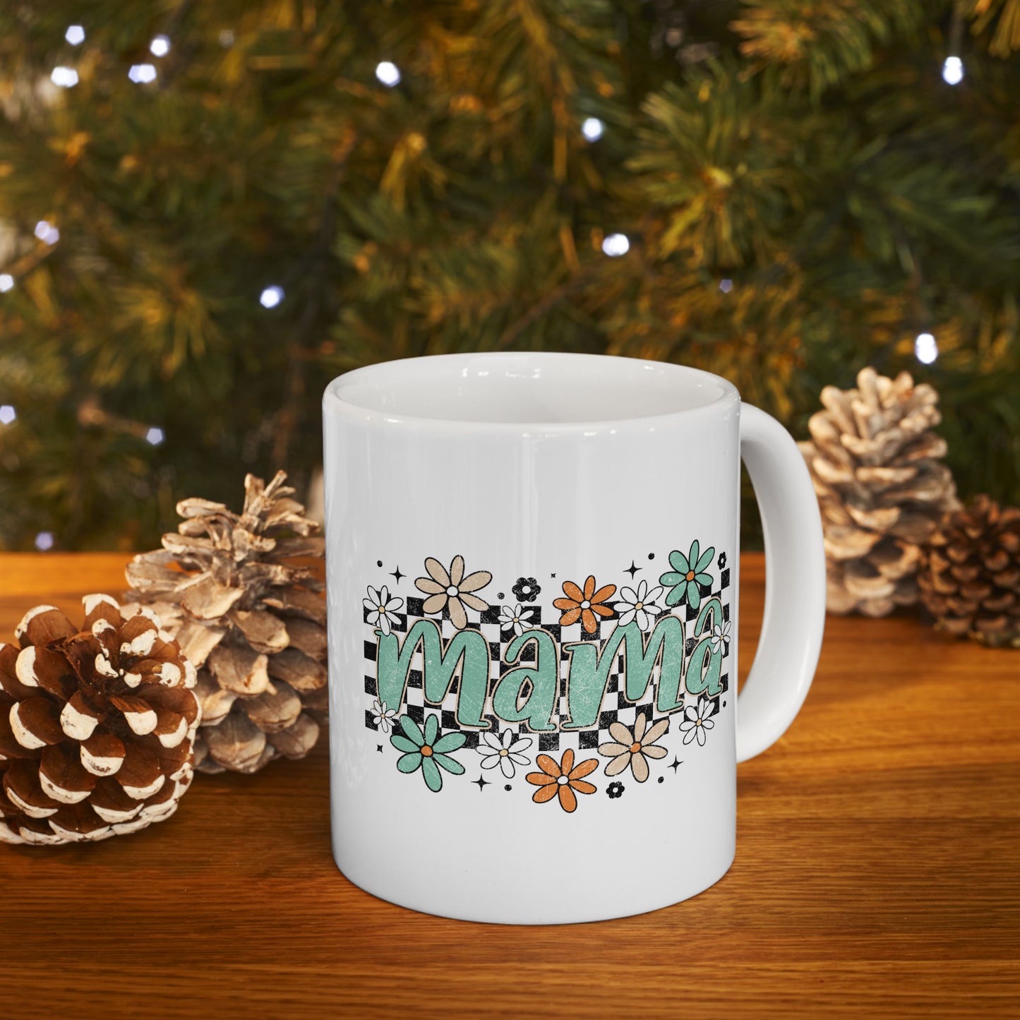 Mama floral checkerboard Mug | Mom coffee cup, teal daisy design