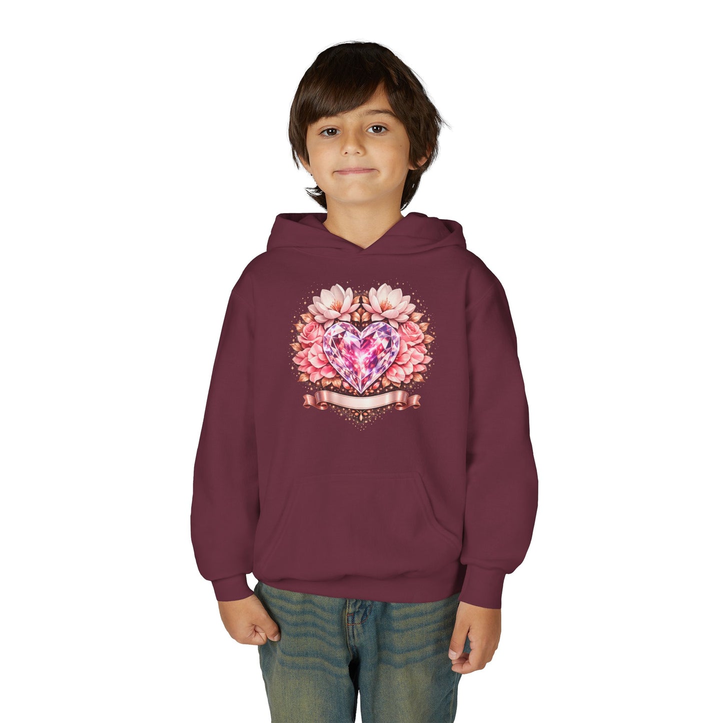 Youth Heart Gem Hoodie — Pink Floral Heart Graphic Sweatshirt