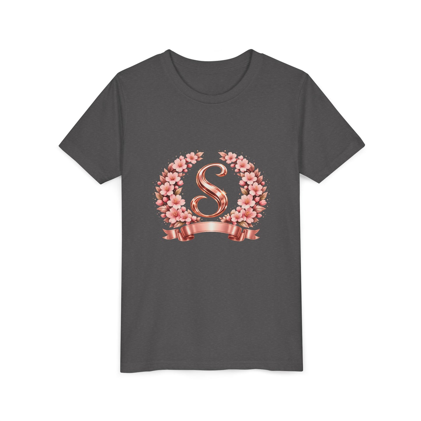Youth Tee — Rose Gold Floral Monogram 'S' Shirt