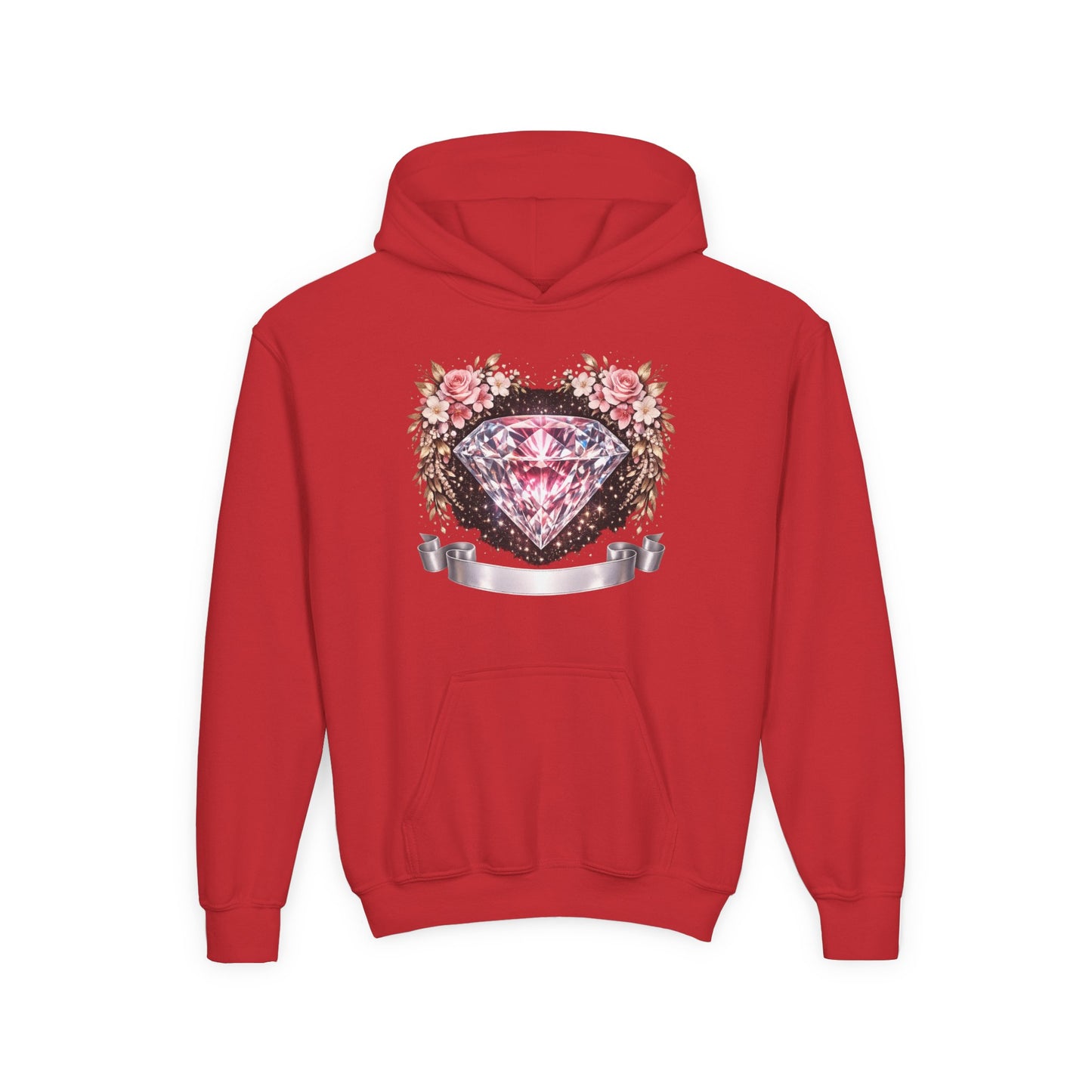 Youth Diamond Floral Hoodie — Pink Gem Crest Sweatshirt for Girls