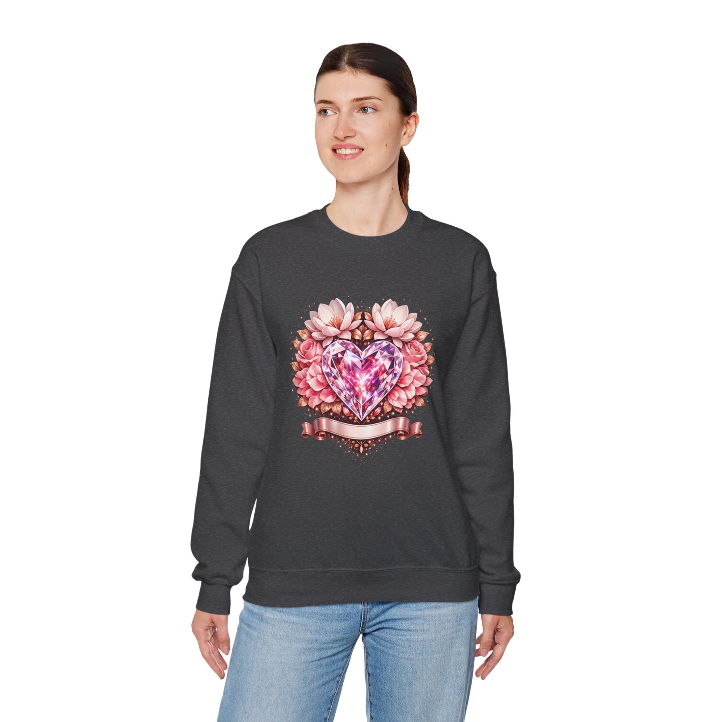 Crewneck Sweatshirt — Pink Gem Heart Floral Design