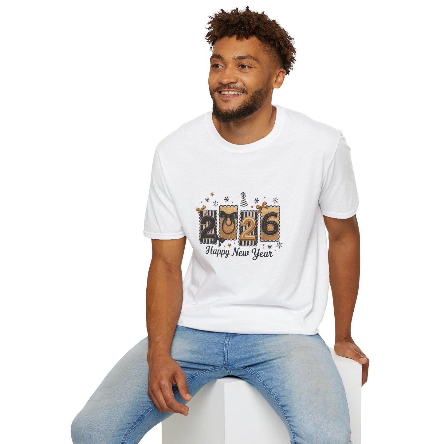 2026 Happy New Year T-Shirt — Gold Confetti Celebration Tee