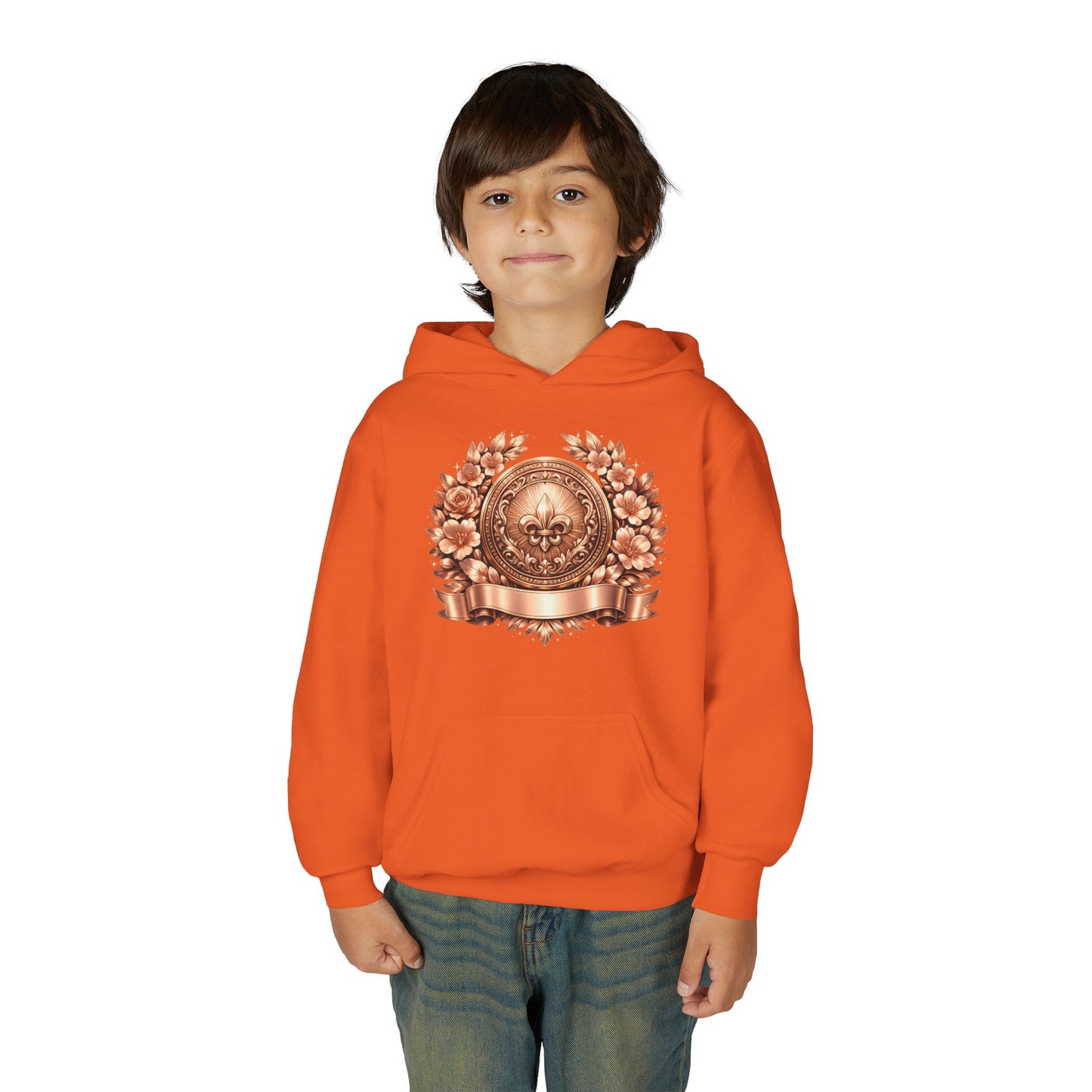 Youth Hoodie — Vintage Bronze Crest Floral Emblem