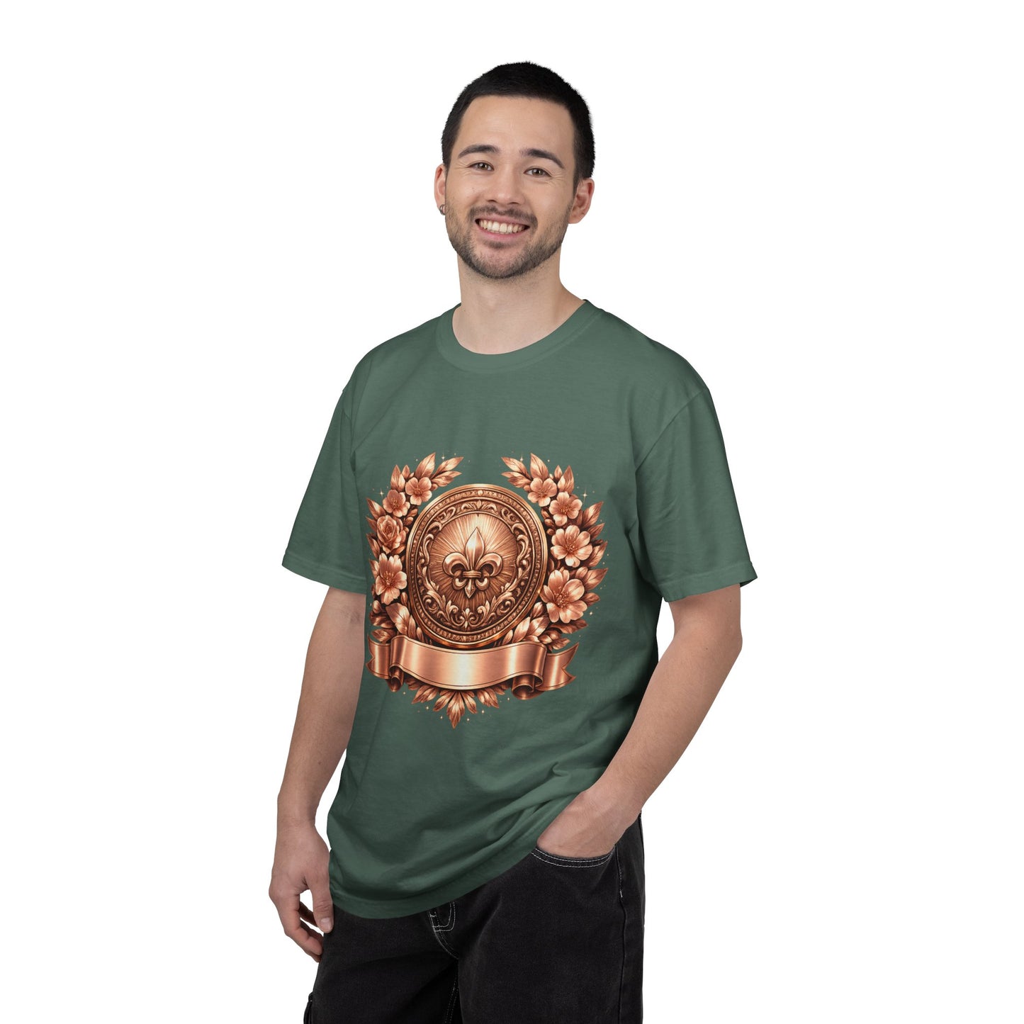 Vintage Fleur-de-Lis Crest T-Shirt — Bronze Laurel Emblem Tee