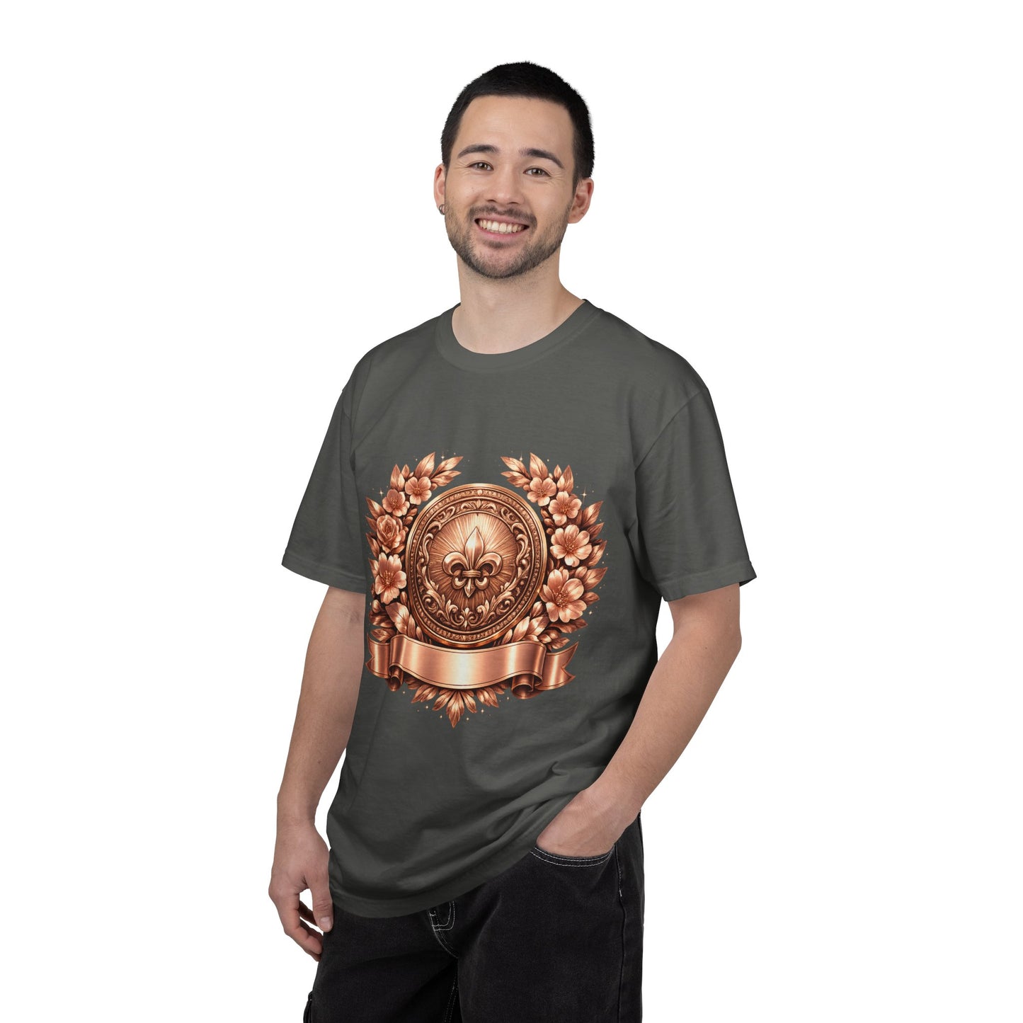 Vintage Fleur-de-Lis Crest T-Shirt — Bronze Laurel Emblem Tee