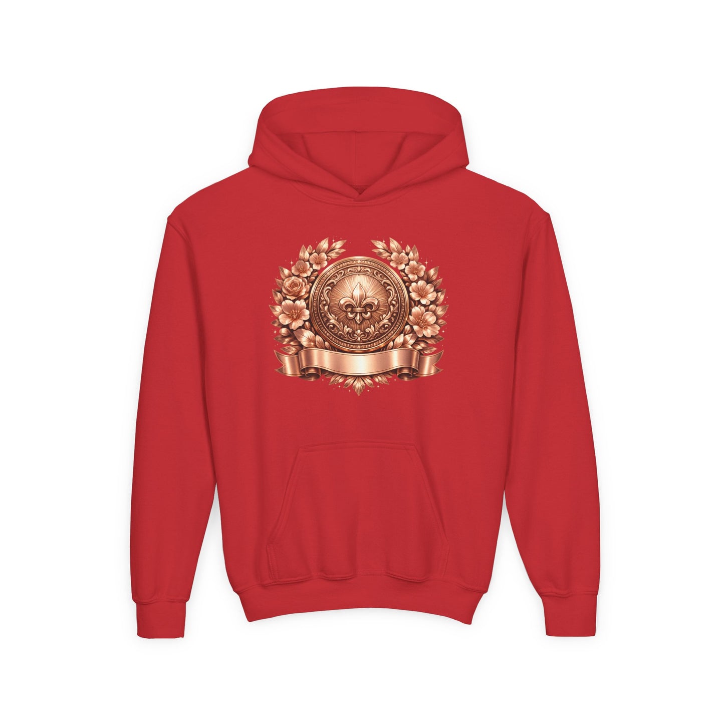 Youth Hoodie — Vintage Bronze Crest Floral Emblem