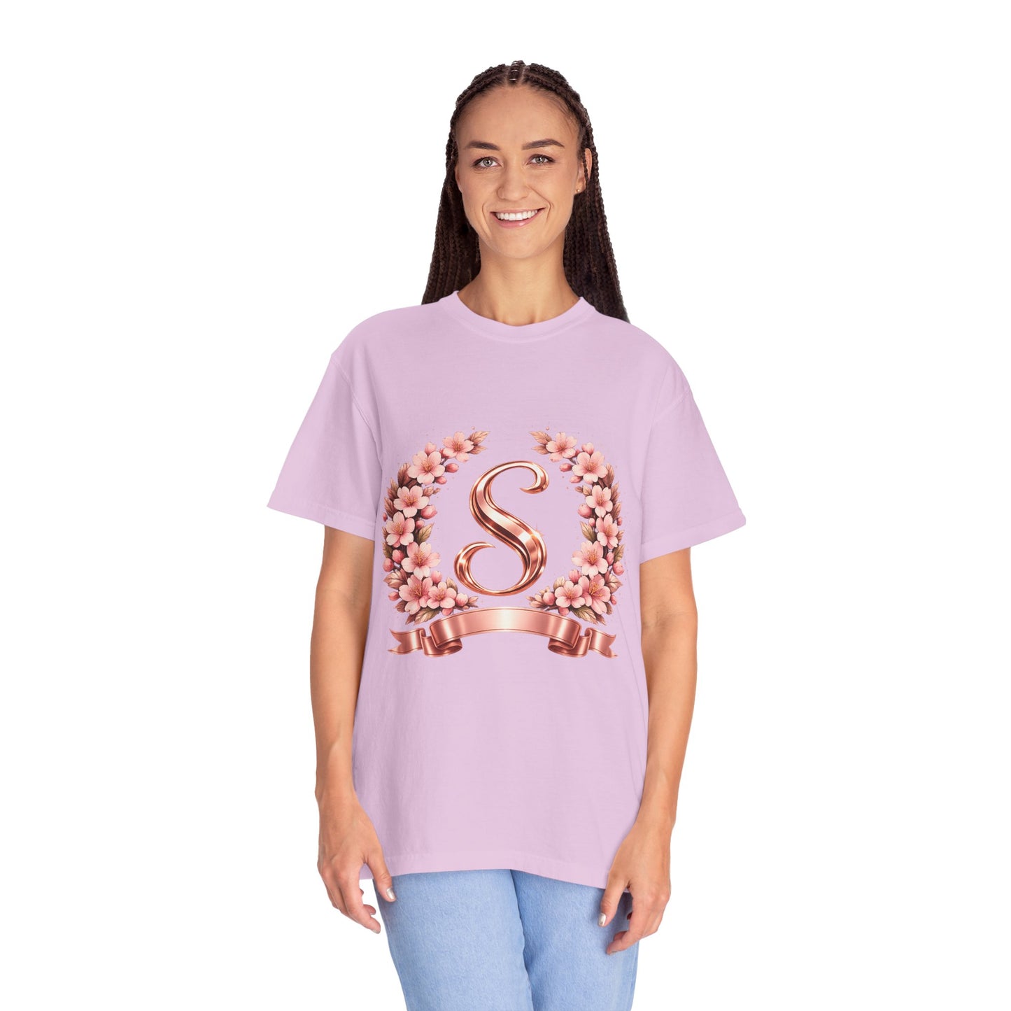 Floral Monogram 'S' T-Shirt — Rose Gold Wreath Tee