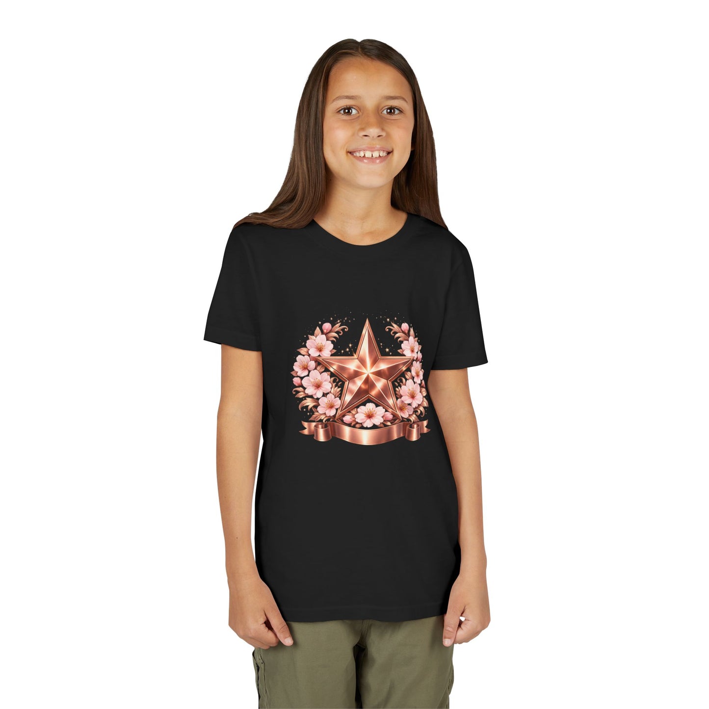 Youth Tee — Rose Gold Star with Cherry Blossom Wreath