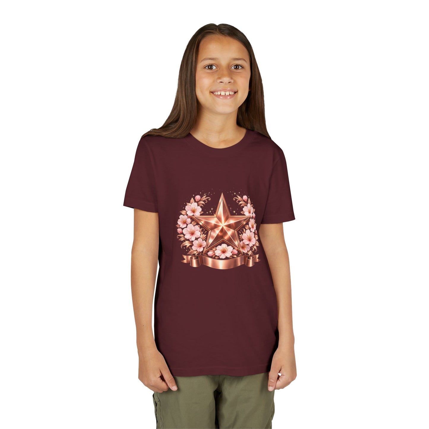 Youth Tee — Rose Gold Star with Cherry Blossom Wreath