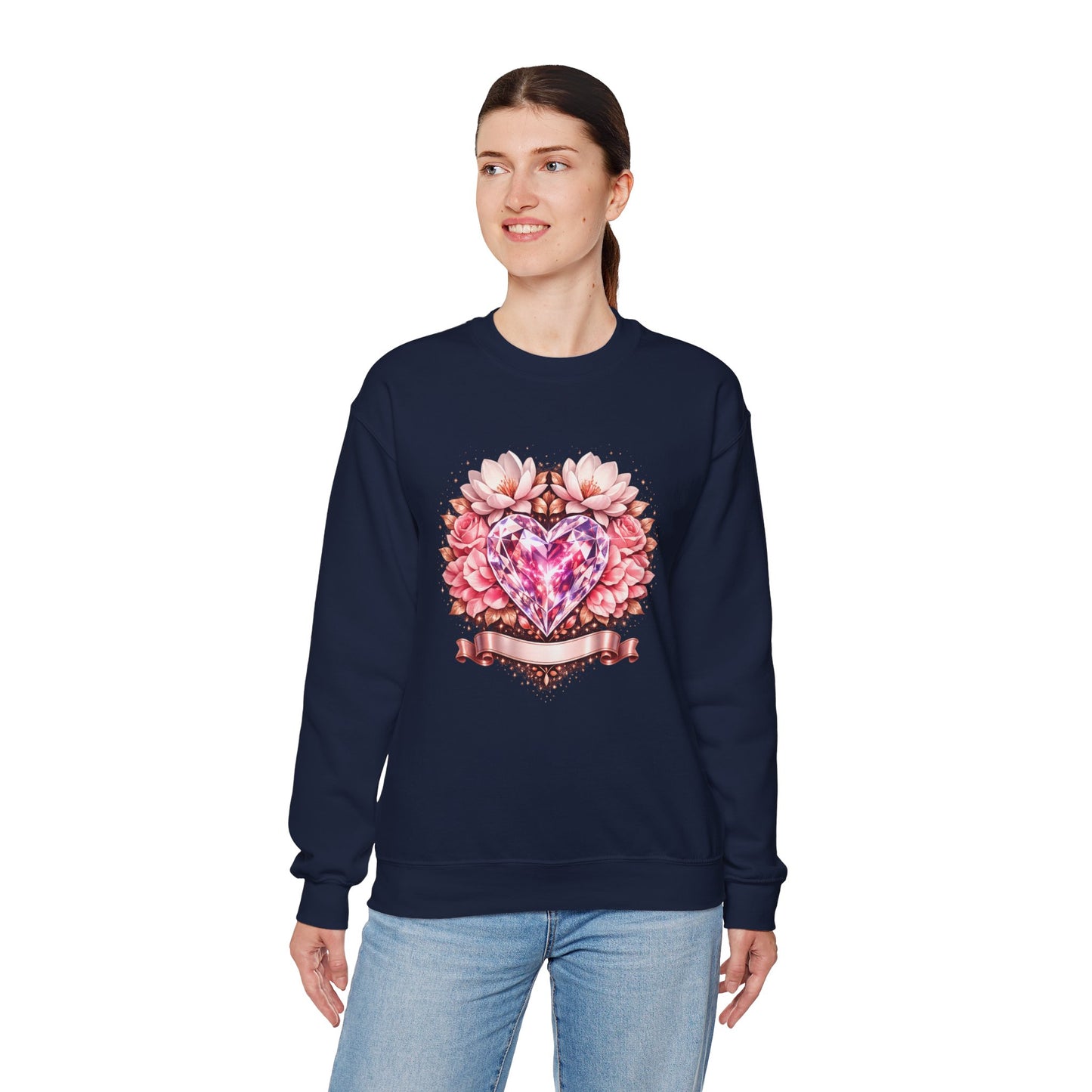 Crewneck Sweatshirt — Pink Gem Heart Floral Design