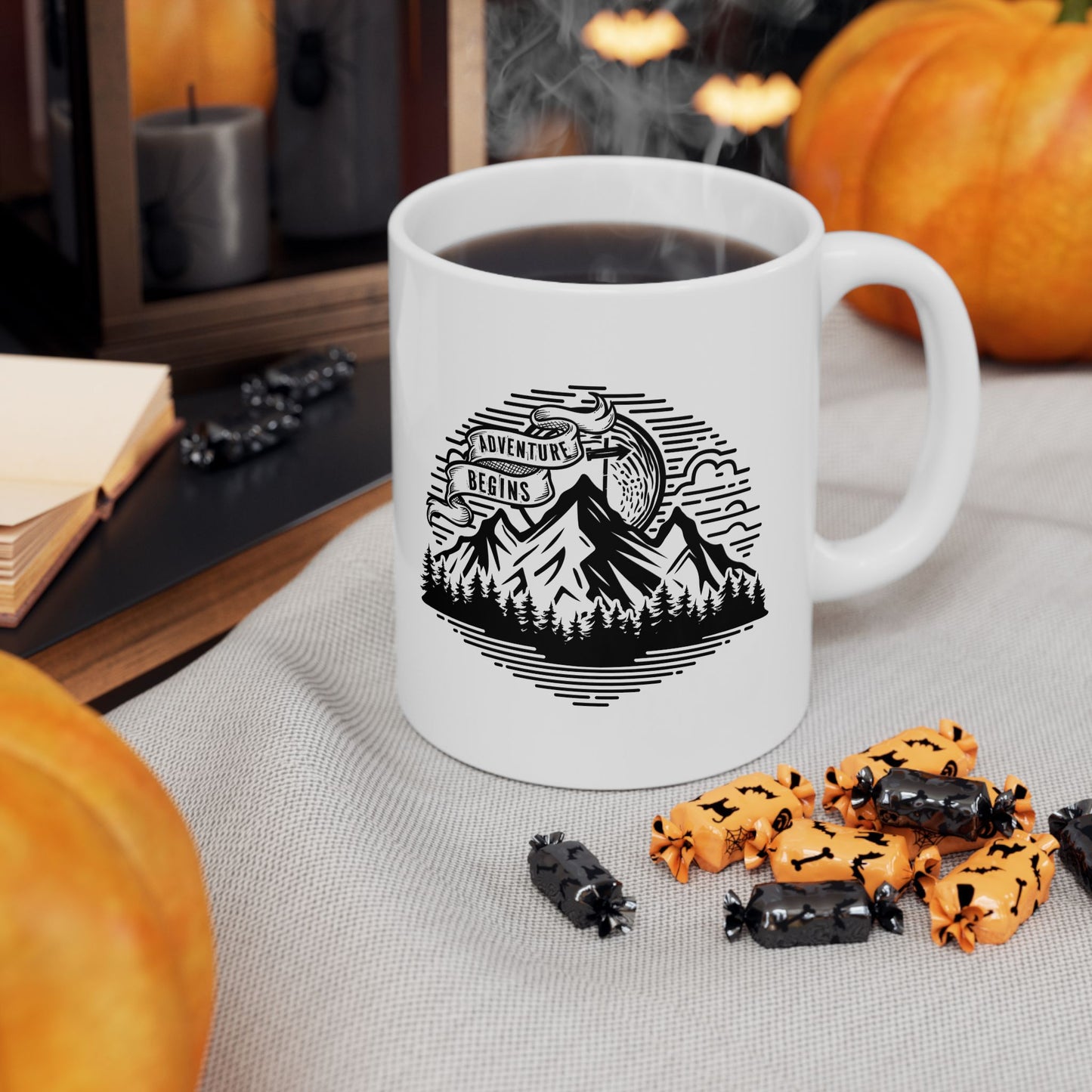 Mountain Landscape Mug | Retro Sunrise Forest Silhouette