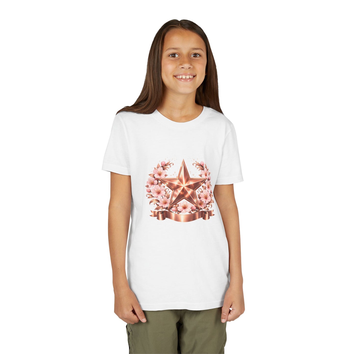 Youth Tee — Rose Gold Star with Cherry Blossom Wreath