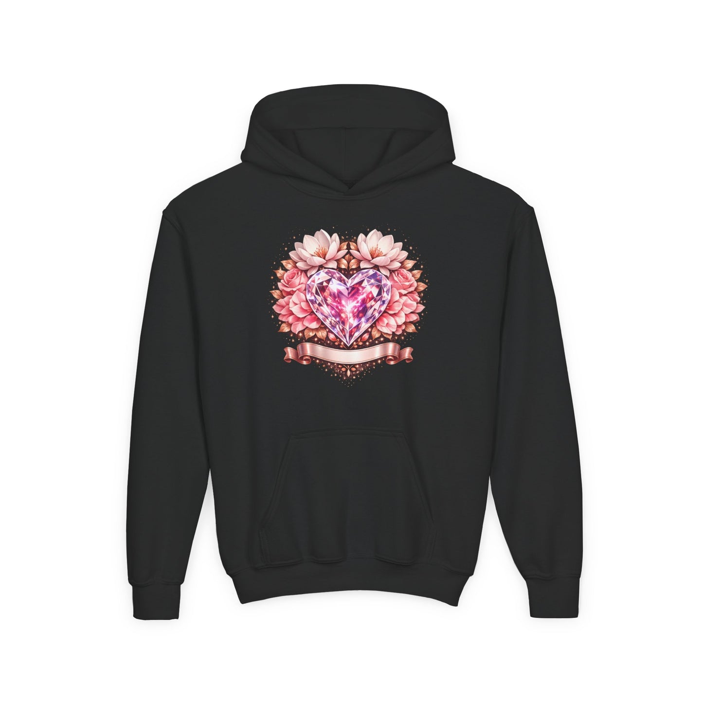 Youth Heart Gem Hoodie — Pink Floral Heart Graphic Sweatshirt
