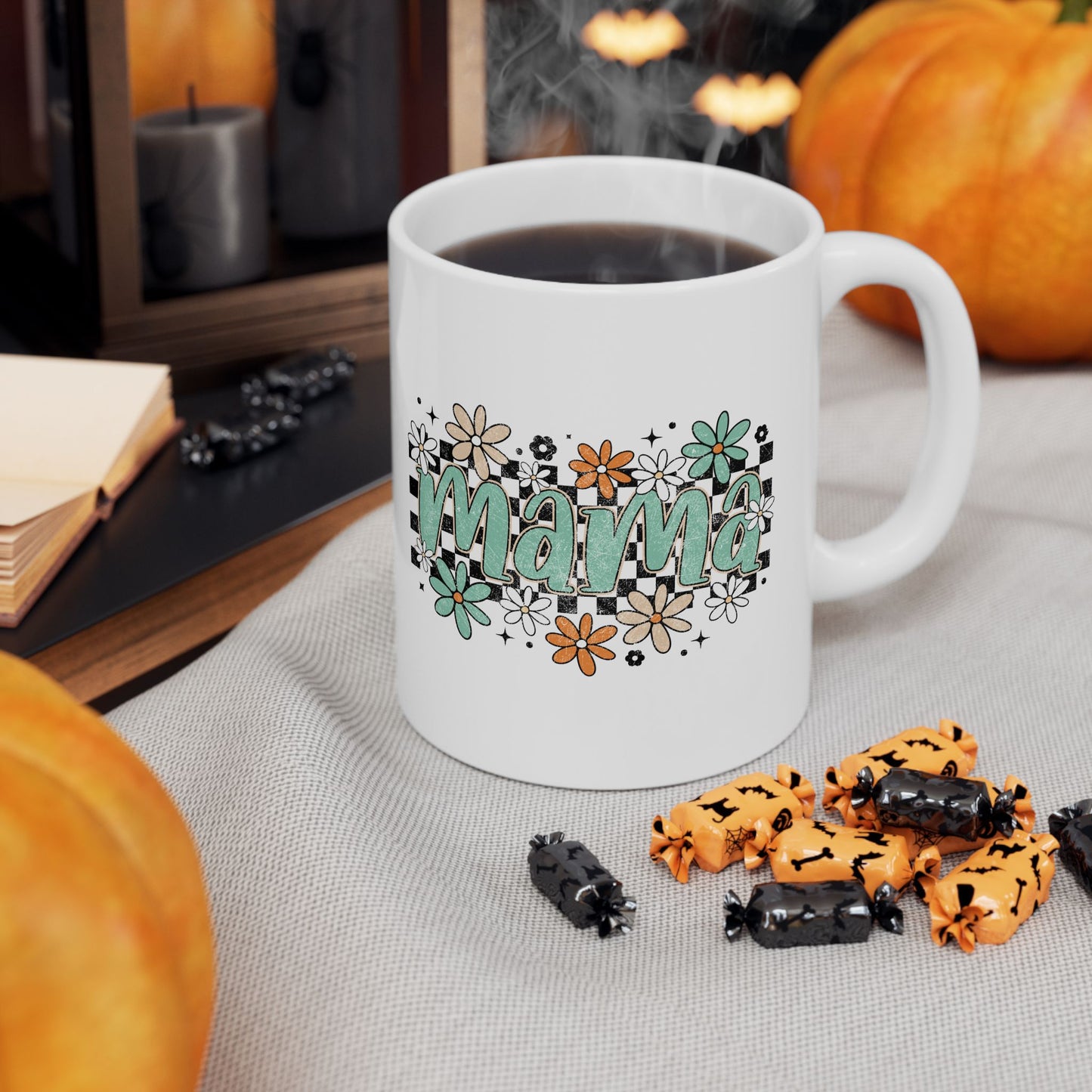 Mama floral checkerboard Mug | Mom coffee cup, teal daisy design