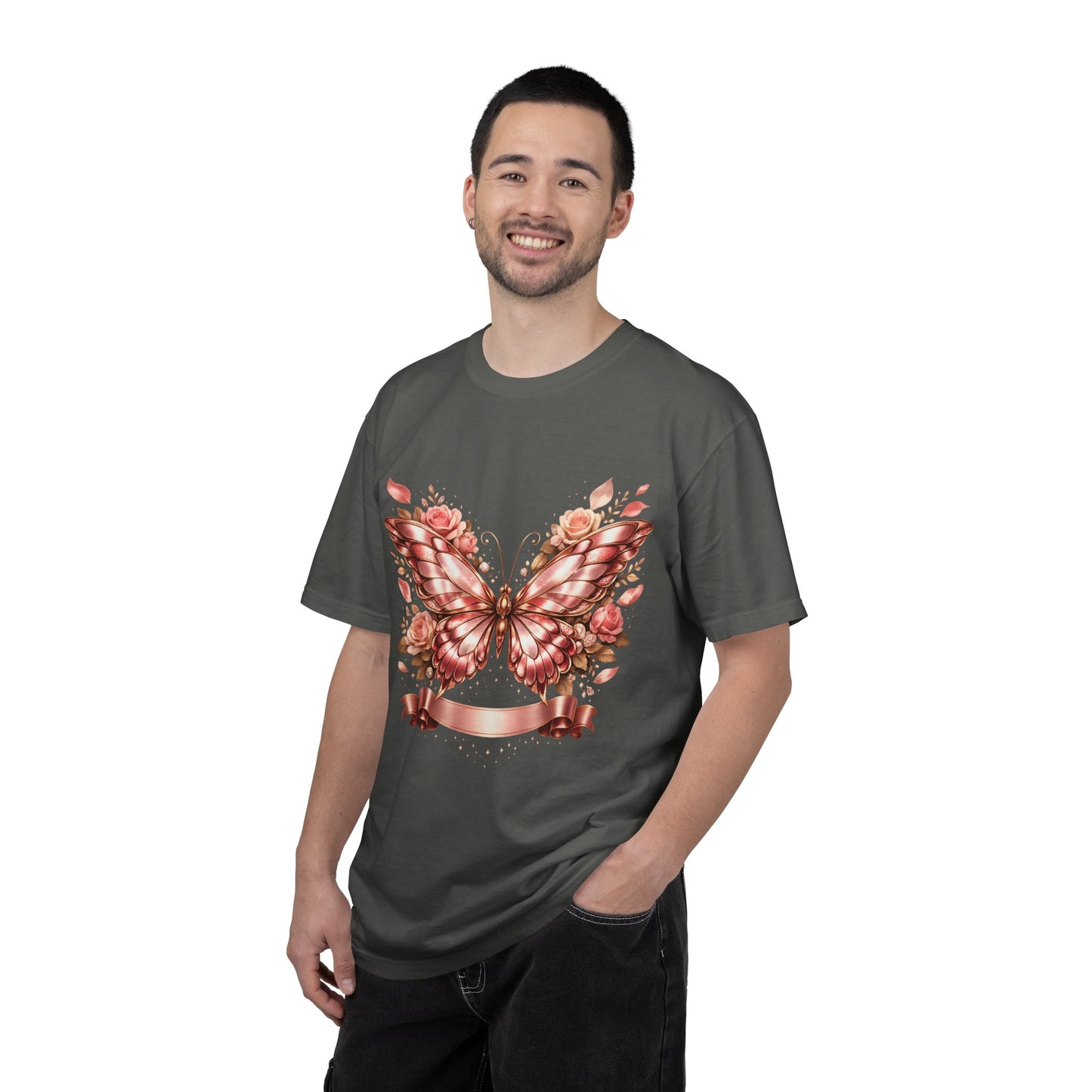 Rose Gold Butterfly T-Shirt — Floral Ribbon Graphic Tee