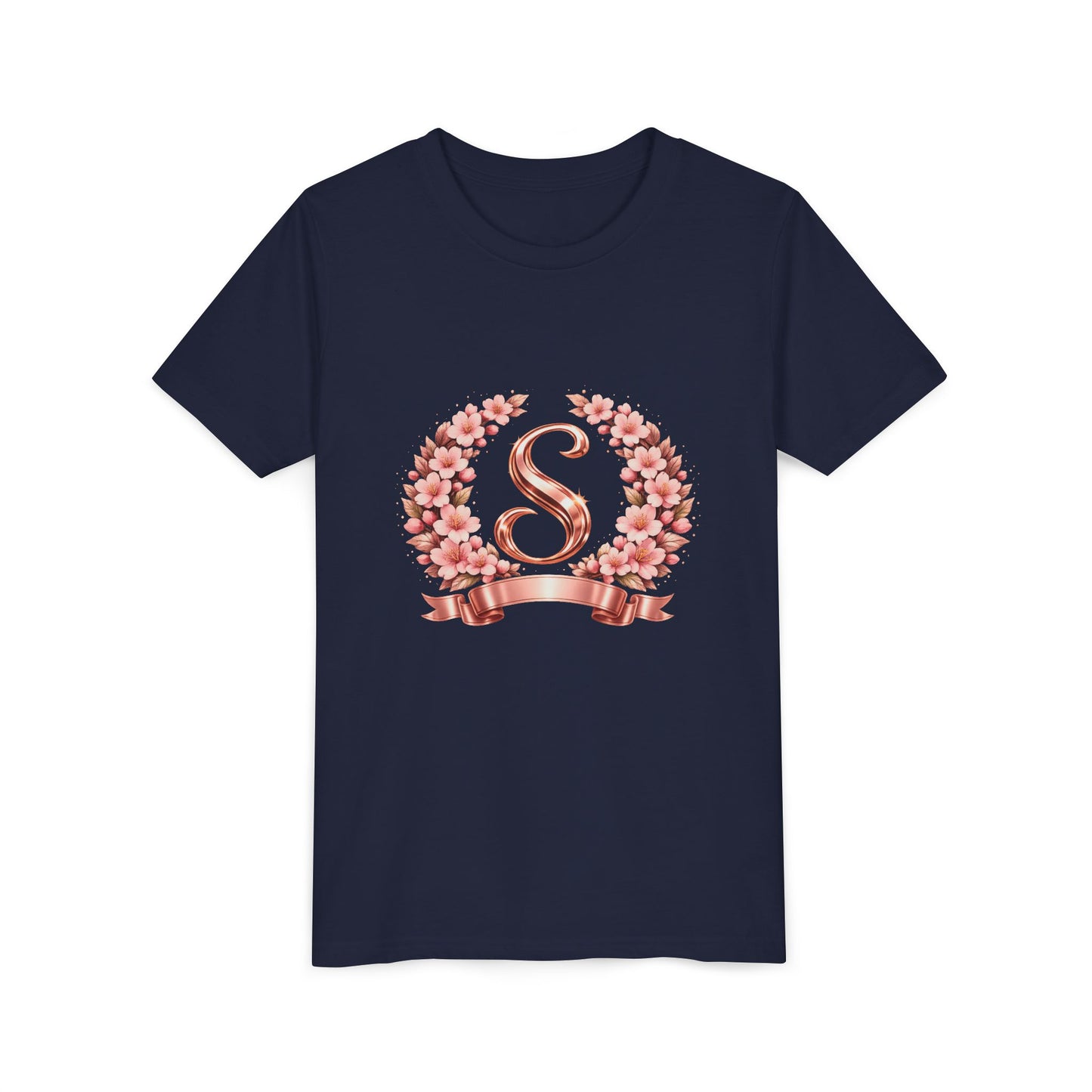 Youth Tee — Rose Gold Floral Monogram 'S' Shirt