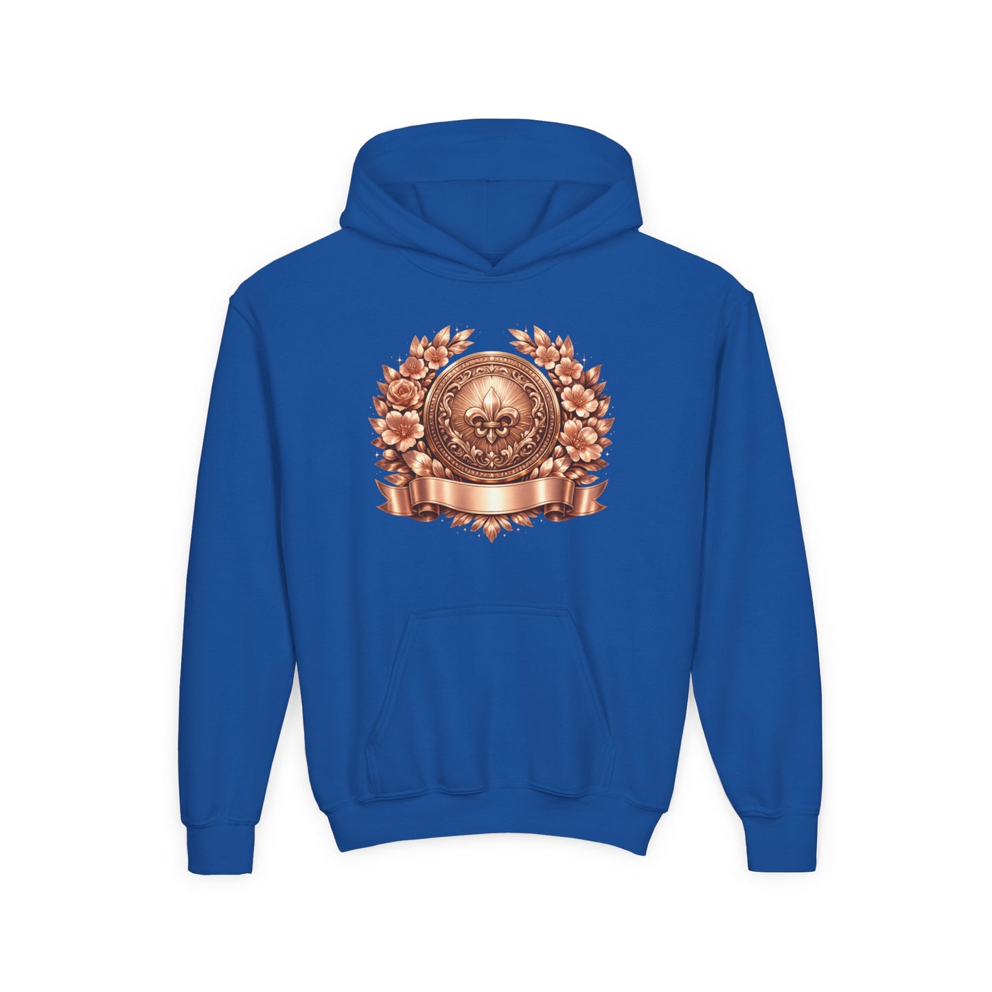 Youth Hoodie — Vintage Bronze Crest Floral Emblem